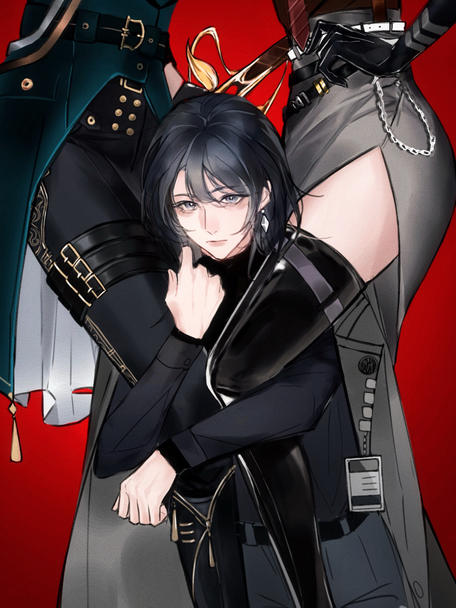 kirihara (kiri), augustus (path to nowhere), langley (path to nowhere), path to nowhere, commentary request, highres, 3girls, closed mouth, hand on own hip, hugging another's leg, looking at viewer, multiple girls, skirt, standing, yuri