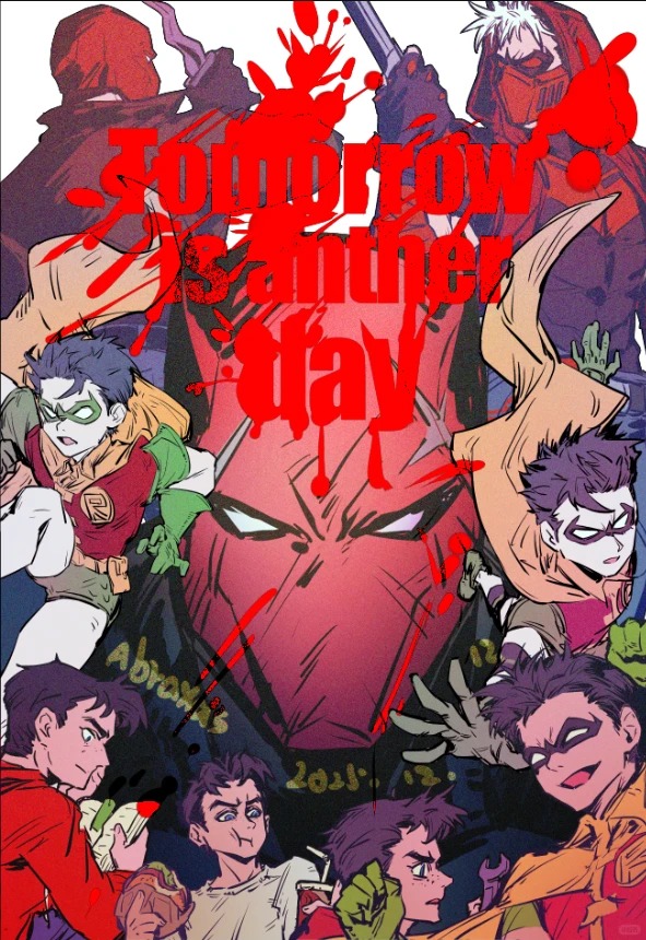 batman, jason todd, red hood (dc), robin (dc), batman (series), dc comics, red hood and the outlaws, chinese commentary, commentary request, abraxas, aged up, bat signal, batman symbol, belt, black bodysuit, black hair, bodysuit, brown jacket, domino mask, eye mask, gloves, grey bodysuit, jacket, kris (weapon), male focus, mask, multicolored bodysuit, multiple boys, multiple persona, muscular, muscular male, open clothes, pants, red mask, short hair, superhero costume, taut bodysuit, two-tone bodysuit, utility belt