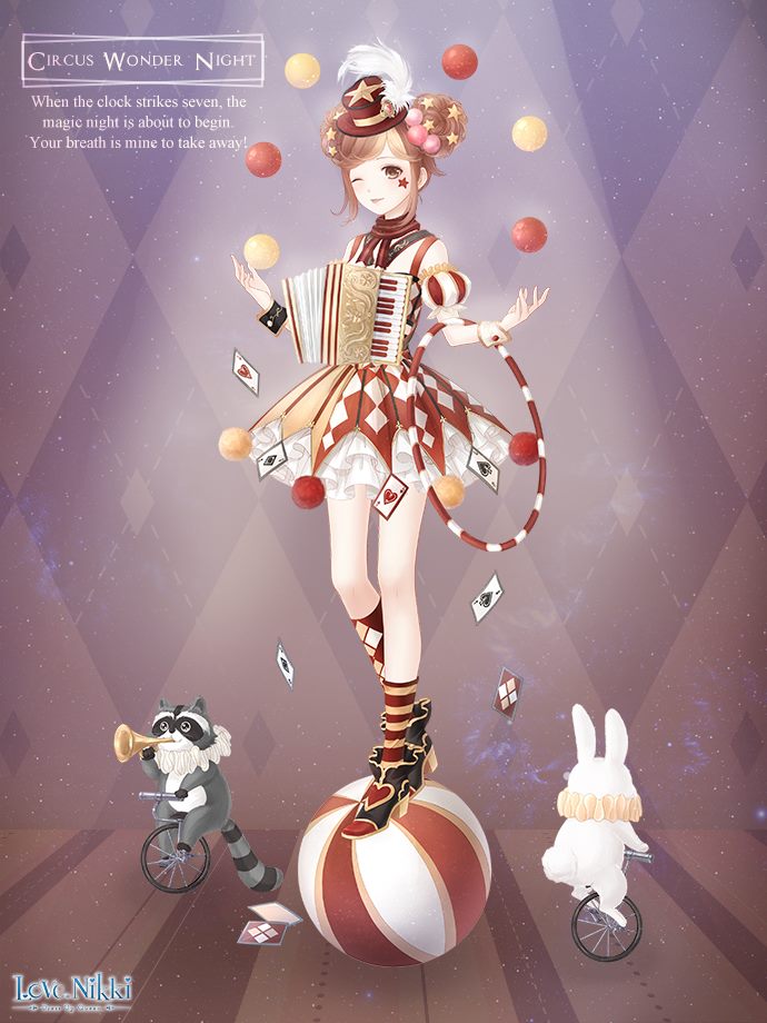 circus night (miracle nikki), miracle nikki, nikki (series), artist request, official art, third-party source, 1girl, accordion, animal, ankle socks, argyle background, argyle clothes, argyle dress, argyle socks, asymmetrical legwear, ball, bare shoulders, black boots, black wrist cuffs, boots, brown eyes, brown hair, card, character name, closed mouth, clothed animal, clown, copyright logo, detached sleeves, dot nose, double bun, dress, english text, eyelashes, facial tattoo, frilled skirt, frilled sleeves, frills, full body, hair bobbles, hair bun, hair ornament, happy, hat, hat feather, heart, heart print, high heel boots, high heels, holding, holding instrument, holding trumpet, instrument, juggling, kneehighs, knees, light blush, light particles, logo, looking at viewer, mini hat, mini top hat, miniskirt, mismatched legwear, mismatched wrist cuffs, music, neck ruff, one eye closed, playing card, playing instrument, pom pom (clothes), print boots, print headwear, puffy short sleeves, puffy sleeves, purple background, rabbit, raccoon, red dress, red hat, red scarf, red socks, scarf, shadow, short hair, short sleeves, sidelocks, single kneehigh, single sock, skirt, skirt under dress, sleeveless, sleeveless dress, smile, socks, solo, split-color clothes, spotlight, standing, standing on ball, star (symbol), star hair ornament, star print, star tattoo, striped clothes, striped dress, striped socks, tareme, tattoo, top hat, trumpet, two-tone dress, two-tone socks, unicycle, vertical-striped clothes, vertical-striped dress, white skirt, white sleeves, white wrist cuffs, wrist cuffs, yellow dress, yellow socks