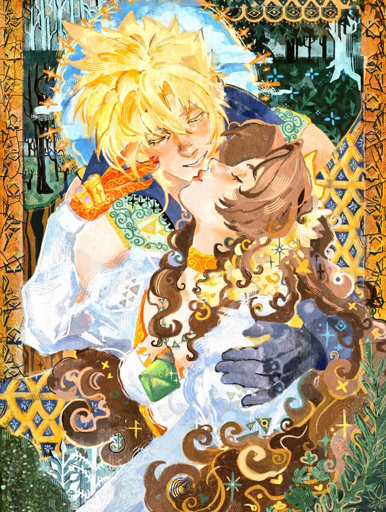 aerith gainsborough, aerith gainsborough (garnet's gown), cloud strife, cloud strife (zidane's outfit), garnet til alexandros xvii, zidane tribal, final fantasy, final fantasy vii, final fantasy vii: ever crisis, commentary, english commentary, 1boy, 1girl, arm around shoulder, astercat, bare shoulders, black gloves, black vest, black wrist cuffs, blonde hair, breasts, choker, closed eyes, cosplay, couple, crystal, curly hair, dress, garnet til alexandros xvii (cosplay), gloves, hair between eyes, hand on another's cheek, hand on another's face, hetero, imminent kiss, jewelry, long hair, medium breasts, official alternate costume, orange choker, orange dress, parted bangs, parted lips, pendant, red gloves, shirt, short hair, sidelocks, smile, spiked hair, tree, upper body, vest, white shirt, wrist cuffs, zidane tribal (cosplay)