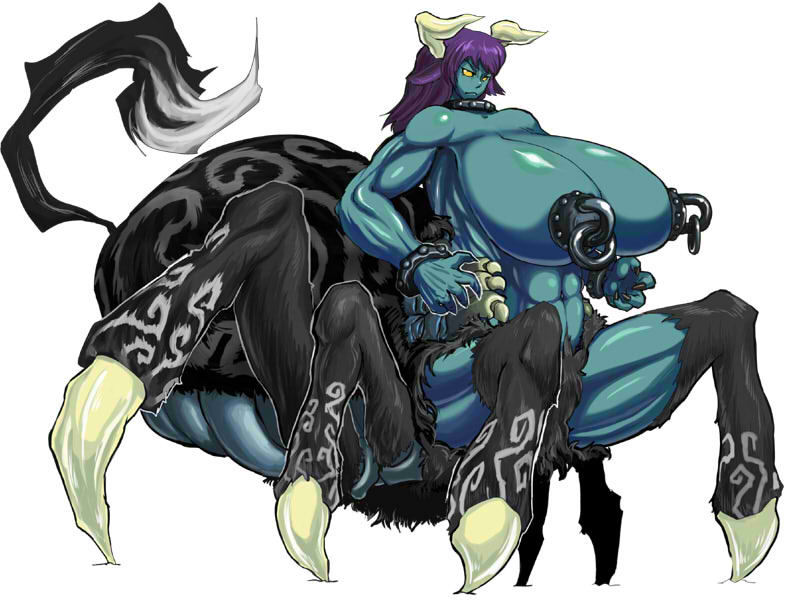 sasaki tatsuya, ushi-oni, 1girl, arthropod girl, blue skin, breasts, collar, colored skin, female focus, full body, gigantic breasts, green skin, horns, insect girl, monster girl, muscular, nude, purple hair, simple background, solo, spider girl, tail, white background, yellow eyes