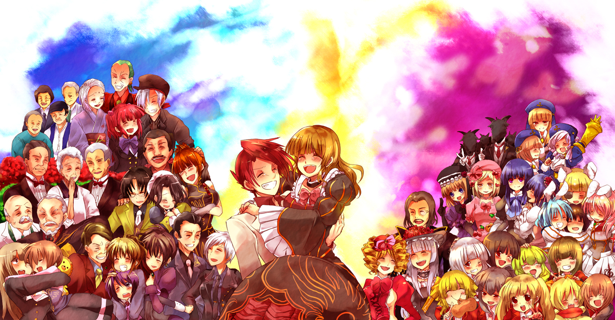 ryukishi07, unohanaokara, amakusa juuza, asmodeus (umineko), beatrice (umineko), beelzebub (umineko), belphegor (umineko), captain kawabata, chiester00, chiester410, chiester45, chiester556, chiester sisters, cornelia (umineko), dlanor a. knox, eiserne jungfrau, eva beatrice, frederica bernkastel, furudo erika, gaap (umineko), gertrude (umineko), goatman (umineko), gouda toshirou, kanon (umineko), kumasawa chiyo, kumasawa sabakichi, lambdadelta, leviathan (umineko), lucifer (umineko), mammon (umineko), maria (umineko), nanjou masayuki, nanjou terumasa, okonogi tetsurou, professor ootsuki, ronoue genji, ronove (umineko), sakutarou (umineko), satan (umineko), shannon (umineko), stakes of purgatory, sumadera kasumi, ushiromiya ange, ushiromiya battler, ushiromiya eva, ushiromiya george, ushiromiya hideyoshi, ushiromiya jessica, ushiromiya kinzou, ushiromiya krauss, ushiromiya kyrie, ushiromiya maria, ushiromiya natsuhi, ushiromiya rosa, ushiromiya rudolf, virgilia (umineko), no naku koro ni (series), umineko no naku koro ni, light purple hair, annotated, source request, 00s, 6+boys, 6+girls, absolutely everyone, age difference, animal ears, armband, black hair, blonde hair, blue eyes, blue hair, blush, bow, breasts, brown eyes, brown hair, choker, closed eyes, crown, dress, drill hair, dual persona, eating, elbow gloves, everyone, eyepatch, facial hair, family bonding, flower, frills, gloves, good end, green hair, hair bobbles, hair ornament, happy, hat, hug, jacket, large breasts, long hair, medium breasts, mini hat, mini top hat, monocle, mother and daughter, multiple boys, multiple girls, mustache, necktie, orange hair, pink dress, pink hair, ponytail, purple eyes, purple hair, rabbit ears, red eyes, red hair, ribbon, rose, scarf, short hair, sideboob, skirt, smile, top hat, twintails, white hair