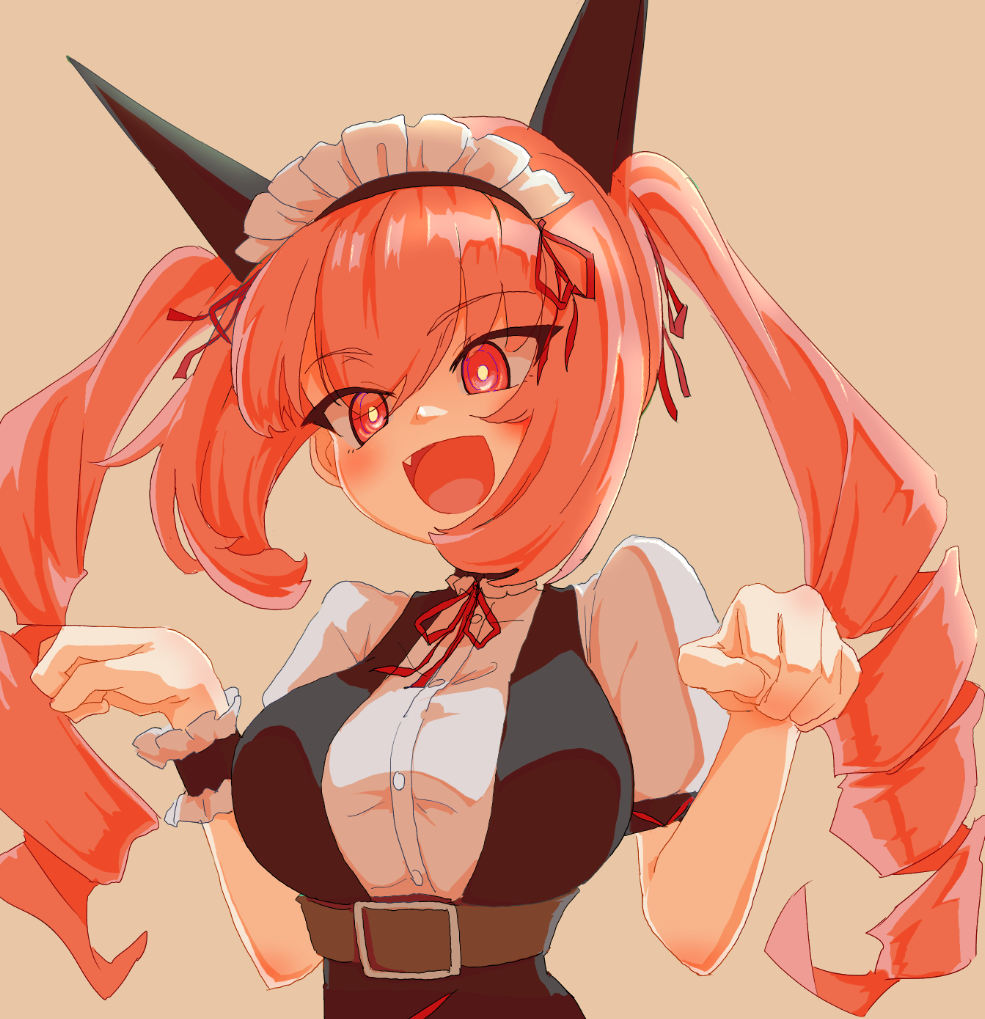 sadarann, akiha rumiho, science adventure, steins;gate, commentary request, 1girl, :d, belt around waist, blush, breasts, dress, drill hair, fang, large breasts, long hair, looking at viewer, maid, maid headdress, mayqueen maid uniform, open mouth, paw pose, pink eyes, pink hair, puffy short sleeves, puffy sleeves, ribbon-trimmed collar, ribbon-trimmed corset, ribbon-trimmed hairband, ribbon trim, short sleeves, simple background, smile, solo, twin drills, twintails, underbust, upper body, wrist cuffs