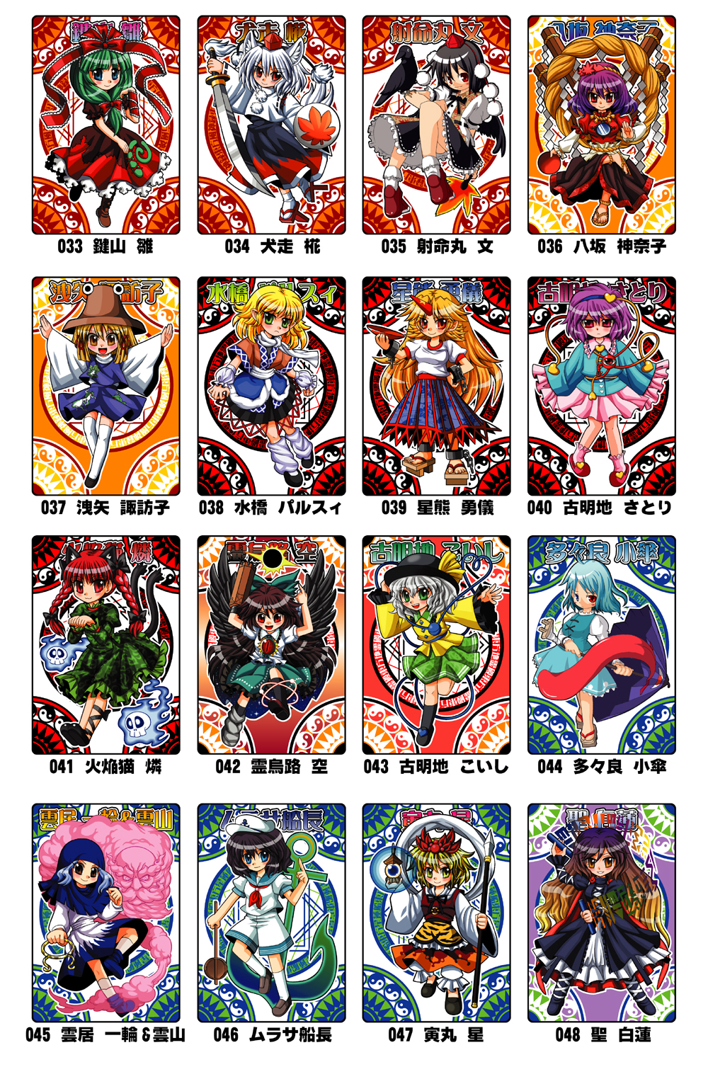 ohmi takamura, hijiri byakuren, hoshiguma yuugi, inubashiri momiji, kaenbyou rin, kagiyama hina, komeiji koishi, komeiji satori, kumoi ichirin, mizuhashi parsee, moriya suwako, murasa minamitsu, reiuji utsuho, shameimaru aya, tatara kogasa, toramaru shou, unzan, yasaka kanako, shinrabanshou, touhou, bad id, bad pixiv id, highres, translation request, 6+girls, bishamonten's pagoda, heterochromia, horns, multiple girls, parody, single horn