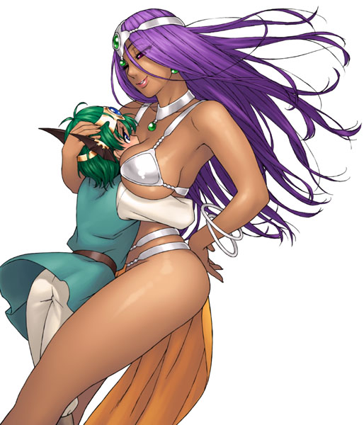 jinroku, hero (dq4), manya (dq4), chunsoft, dragon quest, dragon quest iv, enix, 1boy, 1girl, age difference, between breasts, bikini, bikini top only, breast rest, breasts, breasts on head, circlet, cleavage, dark-skinned female, dark skin, dress, earrings, femdom, head hold, height difference, hug, jewelry, large breasts, legs, loincloth, long hair, long legs, onee-shota, pelvic curtain, purple hair, red eyes, shota, sideboob, swimsuit, thighs, underboob