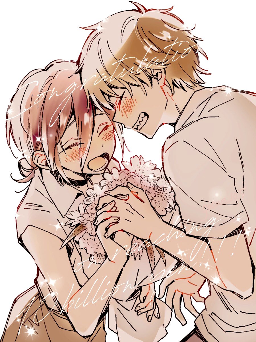 59 (seventhstar), denji (chainsaw man), reze (chainsaw man), chainsaw man, commentary request, highres, 1boy, 1girl, black choker, blonde hair, blush, bouquet, choker, closed eyes, collared shirt, congratulations, couple, flower, grenade pin, grin, hair between eyes, hair bun, hetero, holding, holding bouquet, holding hands, interlocked fingers, lower teeth only, open mouth, purple hair, sharp teeth, shirt, short hair, short sleeves, sleeveless, sleeveless shirt, smile, teeth, updo, upper body, white background, white shirt