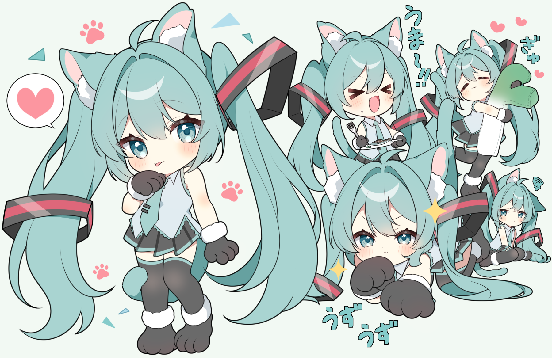 yuni (irohasuiroiro), hatsune miku, vocaloid, commentary request, highres, > <, 1girl, :3, :d, :p, ahoge, all fours, animal ear fluff, animal ears, animal hands, bare shoulders, black gloves, black shoes, black skirt, black thighhighs, blue eyes, blush, cat ears, cat girl, cat tail, chibi, chibi only, closed eyes, closed mouth, collared shirt, double-parted bangs, fish, fork, full body, fur-trimmed gloves, fur-trimmed shoes, fur trim, gloves, green hair, green necktie, grey shirt, hair between eyes, hair intakes, heart, holding, holding fork, holding plate, kemonomimi mode, long hair, looking at viewer, multiple views, necktie, open mouth, paw gloves, paw shoes, plate, pleated skirt, shirt, shoes, simple background, skirt, sleeveless, sleeveless shirt, smile, sparkle, spoken heart, spring onion, standing, standing on one leg, tail, thighhighs, tie clip, tongue, tongue out, twintails, very long hair, white background, xd, zettai ryouiki