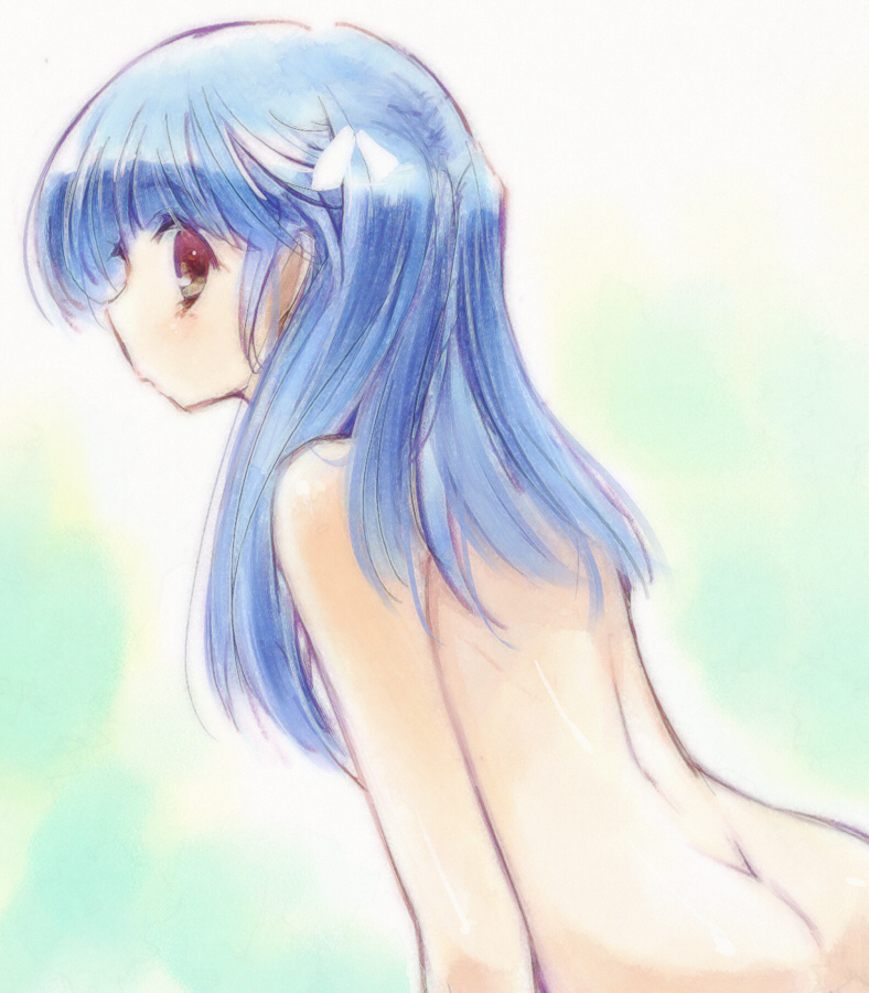 ein (artist), ein (long cake), original, 1girl, ass, back, blue hair, butt crack, female focus, flat chest, loli, looking back, nude, solo, yellow eyes