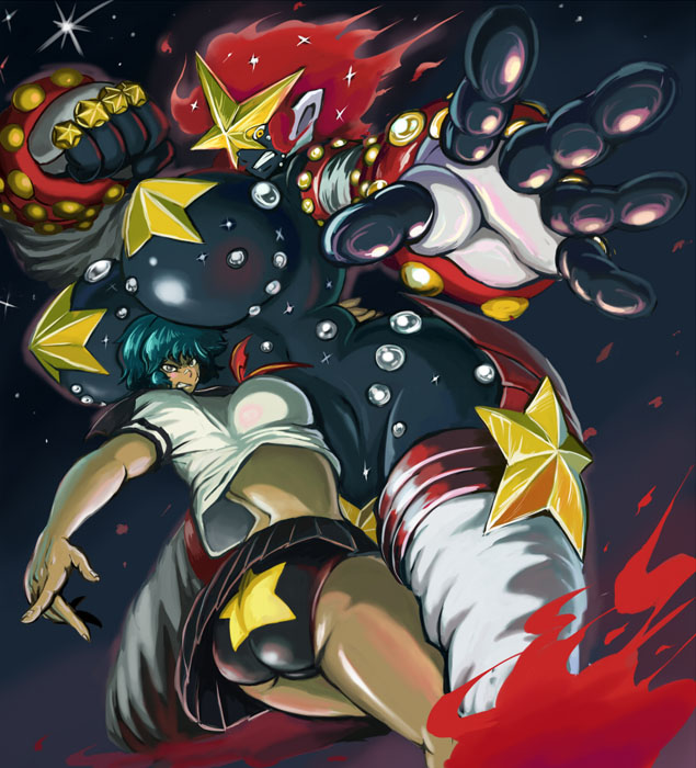 sasaki tatsuya, tagme, 2girls, black skin, boots, breasts, colored skin, giant, giantess, gloves, green hair, huge breasts, multiple girls, red hair, size difference, thigh boots, thighhighs