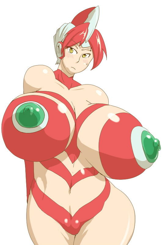 sasaki tatsuya, mother of ultra, ultraman, 1girl, bare shoulders, blush, bodysuit, breasts, covered erect nipples, curvy, female focus, gigantic breasts, hip focus, nipples, personification, plump, red hair, solo, wide hips, yellow eyes