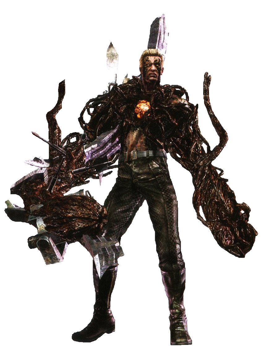albert wesker, resident evil, resident evil 5, metal, belt, blonde hair, boots, male focus, monster, orb, tentacles, topless male, yellow eyes