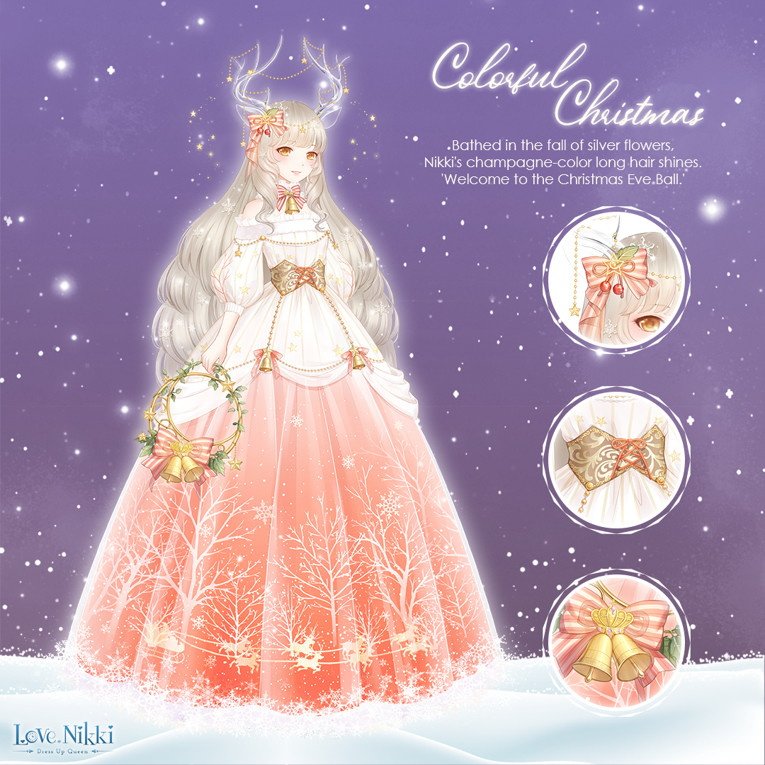 colorful christmas (miracle nikki), miracle nikki, nikki (series), artist request, object request, official art, third-party source, 1girl, animal ears, antlers, bare shoulders, bell, bow, bow choker, bowtie, cherry hair ornament, choker, christmas, circlet, close-up, copyright logo, copyright name, corset, deer ears, deer girl, dot nose, dress, english text, eyelashes, eyeshadow, food-themed hair ornament, frilled dress, frills, full body, gold corset, gown, hair bow, hair ornament, happy, holding, horns, layered dress, light blush, lipstick, logo, long dress, long hair, long sleeves, looking at viewer, makeup, night, off-shoulder dress, off shoulder, orange bow, orange eyes, outdoors, outline, parted lips, pink bow, pink bowtie, pink eyeshadow, pink lips, pleated dress, print dress, puffy long sleeves, puffy sleeves, purple sky, red dress, reindeer antlers, reindeer print, sidelocks, sky, smile, snow, snowflake hair ornament, snowflake print, snowing, solo, standing, star (symbol), star print, striped bow, striped bowtie, striped clothes, striped dress, three-quarter sleeves, tree print, vertical-striped clothes, vertical-striped dress, very long hair, wavy hair, white dress, white horns, white outline