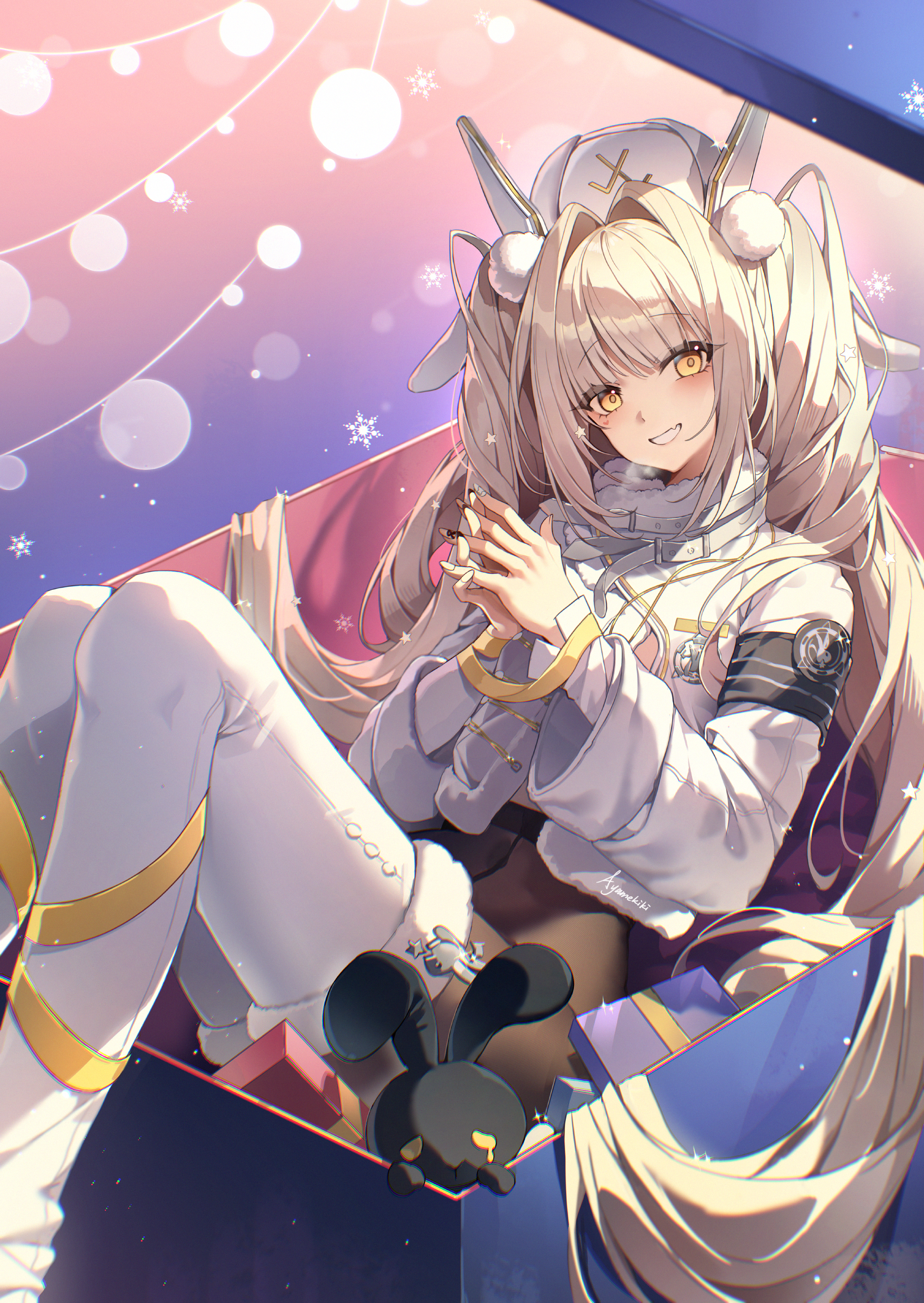 uchihasakino, blanc (fortune express) (nikke), blanc (nikke), goddess of victory: nikke, absurdres, commentary request, highres, 1girl, black pantyhose, black rabbit (animal), boots, coat, grey hair, hat, long hair, looking at viewer, official alternate costume, official alternate hairstyle, pantyhose, rabbit, smile, solo, twintails, very long hair, white boots, white coat, white hat, winter clothes, winter coat, yellow eyes
