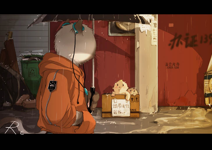 rc., original, animal ears, baby, blonde hair, box, cardboard box, cat, cat ears, cat tail, for adoption, furry, headphones, in box, in container, letterboxed, paw print, rain, role reversal, sweater, tail, trash can, umbrella