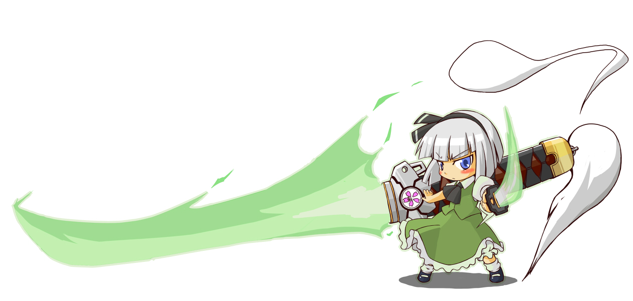 yunari, konpaku youmu, konpaku youmu (ghost), bleach, touhou, silver hair, 00s, 1girl, bankai, blue eyes, bob cut, chibi, energy sword, female focus, ghost, hairband, huge weapon, katana, short hair, solo, sword, weapon