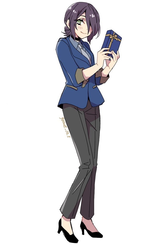 59 (seventhstar), reze (chainsaw man), chainsaw man, commentary request, 1girl, black choker, black shoes, blue jacket, box, breasts, choker, closed mouth, collared shirt, full body, gift, gift box, green eyes, grey necktie, grey pants, grey shirt, hair bun, hair over one eye, holding, holding box, holding gift, jacket, light blush, looking at viewer, medium breasts, medium hair, necktie, pants, purple hair, shirt, shoes, smile, solo, standing, suit jacket, twitter username, updo, white background
