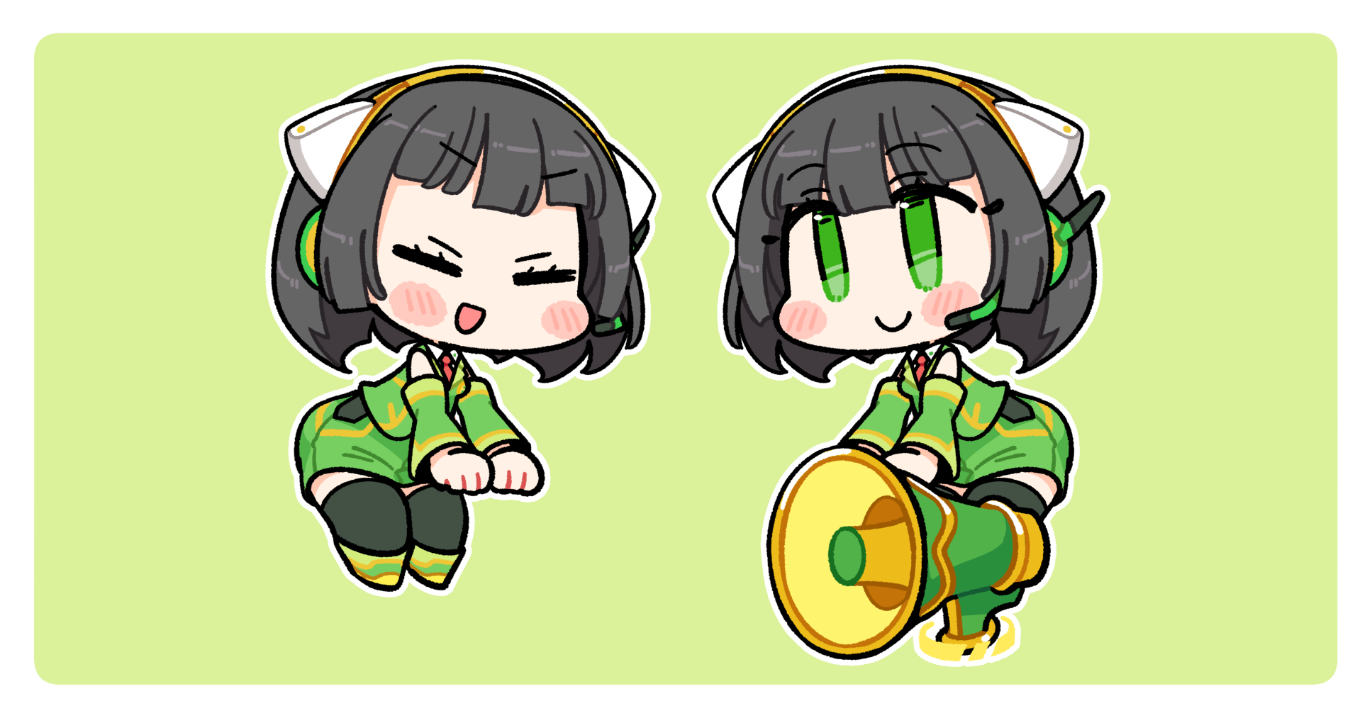 ini (inunabe00), kyoumachi seika, voiceroid, alpha transparency, commentary request, highres, 1girl, :d, bare shoulders, black hair, black thighhighs, blush stickers, border, chibi, chibi only, closed eyes, closed mouth, detached sleeves, full body, green background, green eyes, green shirt, green shoes, green shorts, green sleeves, headset, long sleeves, megaphone, necktie, open mouth, outline, outside border, red necktie, shirt, shoes, short hair, shorts, simple background, sitting, sleeveless, sleeveless shirt, smile, thighhighs, v-shaped eyebrows, white border, white outline