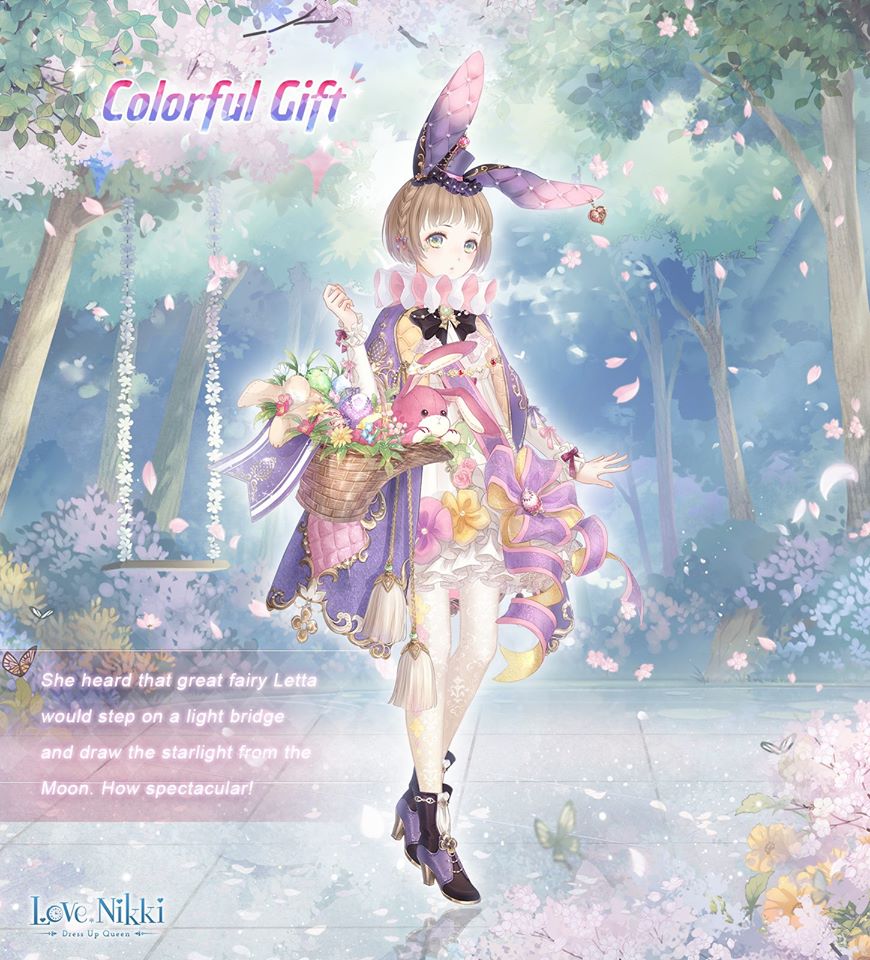 colorful gift (miracle nikki), miracle nikki, nikki (series), artist request, official art, third-party source, 1girl, :o, animal ear piercing, animal ears, basket, bell ear ornament, black boots, blue sky, bob cut, boots, bow, braid, brown hair, bush, dappled sunlight, day, dot nose, dress, easter, expressionless, fake animal ears, falling petals, floral print, frilled dress, frilled sleeves, frills, full body, green eyes, hand up, hat, high heel boots, high heels, holding, holding basket, layered sleeves, light blush, light rays, long sleeves, looking at viewer, mini hat, mini top hat, neck ruff, outdoors, outline, pantyhose, parted lips, petals, print dress, print pantyhose, purple bow, purple hat, purple robe, rabbit ears, robe, short dress, short hair, single braid, sky, sleeve bow, snowflake print, solo, spring (season), standing, stuffed animal, stuffed rabbit, stuffed toy, sunlight, tareme, tassel, top hat, white dress, white outline, white pantyhose