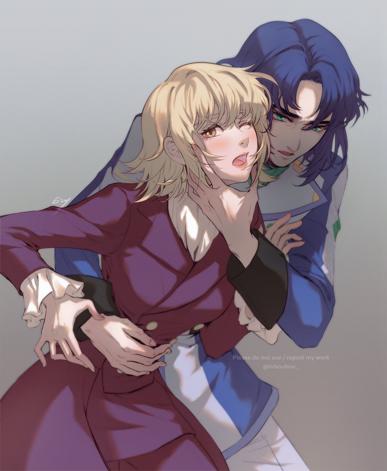 inhouhou, athrun zala, cagalli yula athha, gundam, gundam seed, commentary request, highres, korean commentary, 1boy, 1girl, aqua eyes, arm around waist, artist name, blonde hair, blue hair, blue jacket, blush, breasts, brown eyes, coat, cowboy shot, grey background, hair between eyes, hand on another's chin, hetero, jacket, medium breasts, one eye closed, open mouth, panties, parted bangs, parted lips, red coat, twitter username, underwear, watermark, white panties