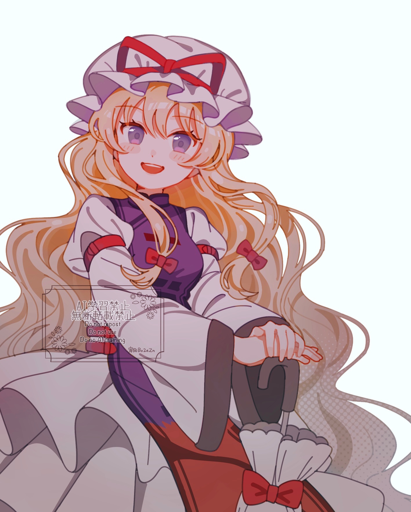 yoi (bo2ezn), yakumo yukari, touhou, commentary request, highres, 1girl, :d, blonde hair, blush, bow, cowboy shot, dress, hair bow, hat, hat ribbon, long hair, long sleeves, looking at viewer, mob cap, open mouth, planted, planted umbrella, purple eyes, purple tabard, red bow, red ribbon, ribbon, simple background, sleeve ribbon, smile, solo, tabard, umbrella, very long hair, watermark, wavy hair, white background, white dress, white hat, white umbrella, wide sleeves