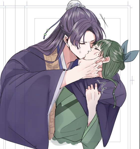 jinshi (kusuriya no hitorigoto), maomao (kusuriya no hitorigoto), kusuriya no hitorigoto, commentary request, 1boy, 1girl, anger vein, arm around neck, beads, blue ribbon, blunt bangs, bun cover, chinese clothes, closed eyes, cropped torso, furrowed brow, green hair, green shirt, hair beads, hair bun, hair ornament, hair ribbon, half updo, hand on another's neck, kiss, long hair, parted lips, purple hair, ribbon, shirt, sweatdrop, thubu 0822, upper body, white background