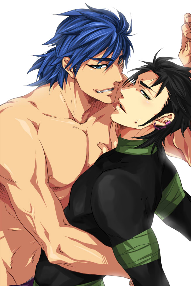 coco (toriko), toriko (toriko), toriko (series), 10s, 2boys, blue hair, hug, male focus, multiple boys, white background, yaoi
