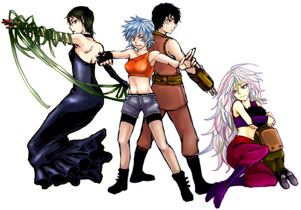 coco (toriko), komatsu (toriko), rin (toriko), sani (toriko), toriko (toriko), toriko (series), 10s, black hair, blue hair, boots, dress, genderswap, genderswap (ftm), genderswap (mtf), green hair, multicolored hair, scar