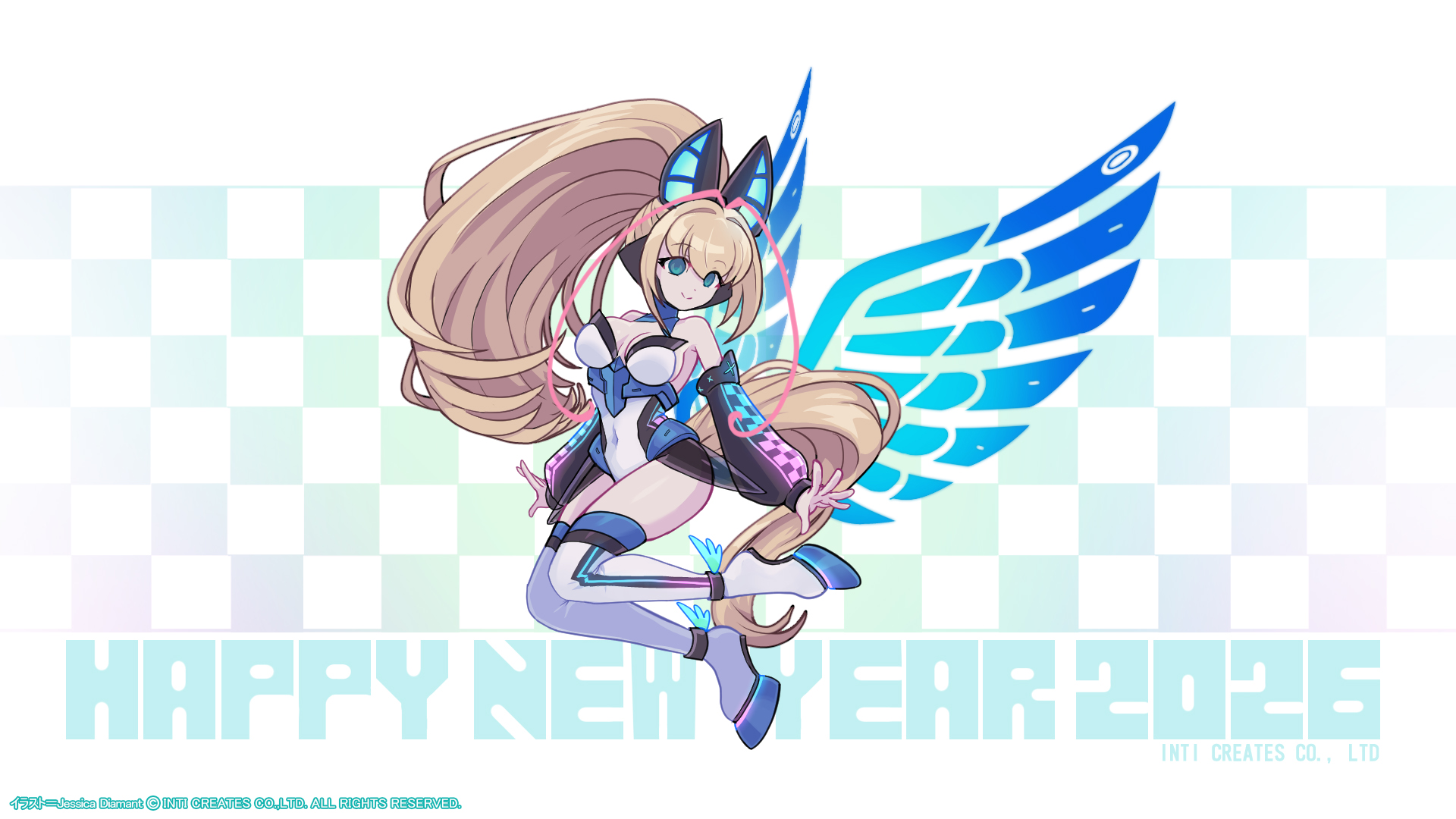 mayu yumemi, lumen (gunvolt), azure striker gunvolt, inti creates, highres, official art, 1girl, 2026, alternate costume, antenna hair, aqua eyes, bare shoulders, blonde hair, boots, breasts, checkered background, checkered sleeves, chinese zodiac, cleavage, covered navel, detached sleeves, energy wings, full body, glowing lines, happy new year, headphones, high heels, high ponytail, horse girl, horse hair ornament, large breasts, legs up, leotard, long hair, multicolored hair, multicolored leotard, new year, pink hair, ponytail, smile, solo, thigh boots, very long hair, wings, year of the horse