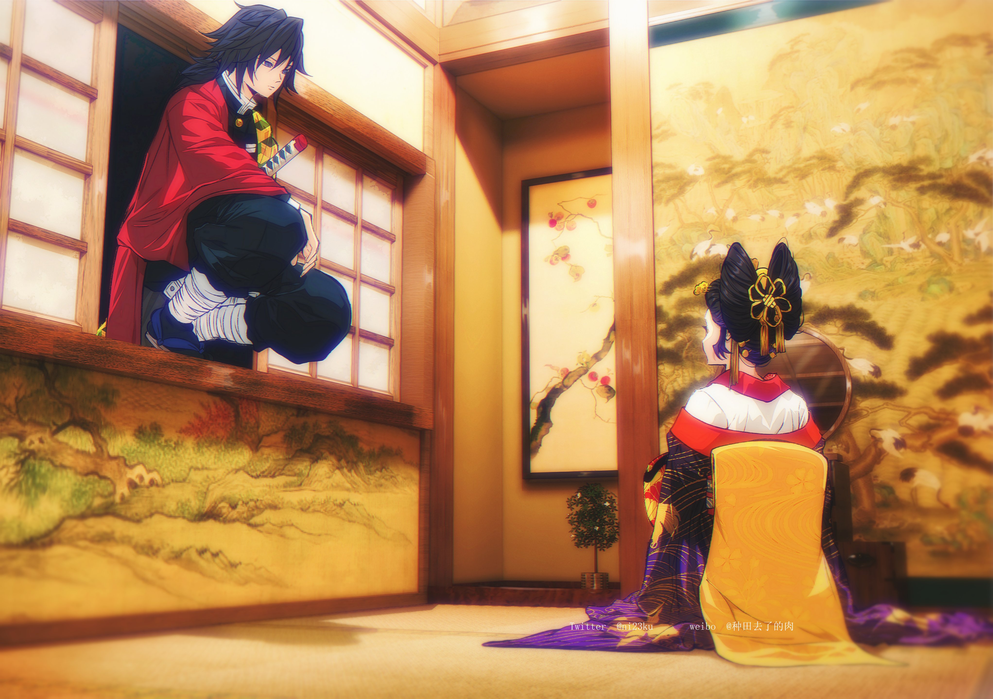 niku (ni23ku), kochou shinobu, tomioka giyuu, kimetsu no yaiba, absurdres, commentary request, highres, 1boy, 1girl, architecture, bandaged leg, bandages, black hair, black jacket, black pants, black socks, bow-shaped hair, colored tips, demon slayer uniform, east asian architecture, facing away, from behind, full body, gold buttons, hair between eyes, hair ornament, hair stick, haori, indoors, jacket, japanese clothes, katana, kimono, looking at another, low ponytail, multicolored hair, pants, ponytail, print haori, purple hair, sidelocks, sitting, socks, squatting, sword, tassel, tassel hair ornament, twitter username, updo, weapon, weibo username