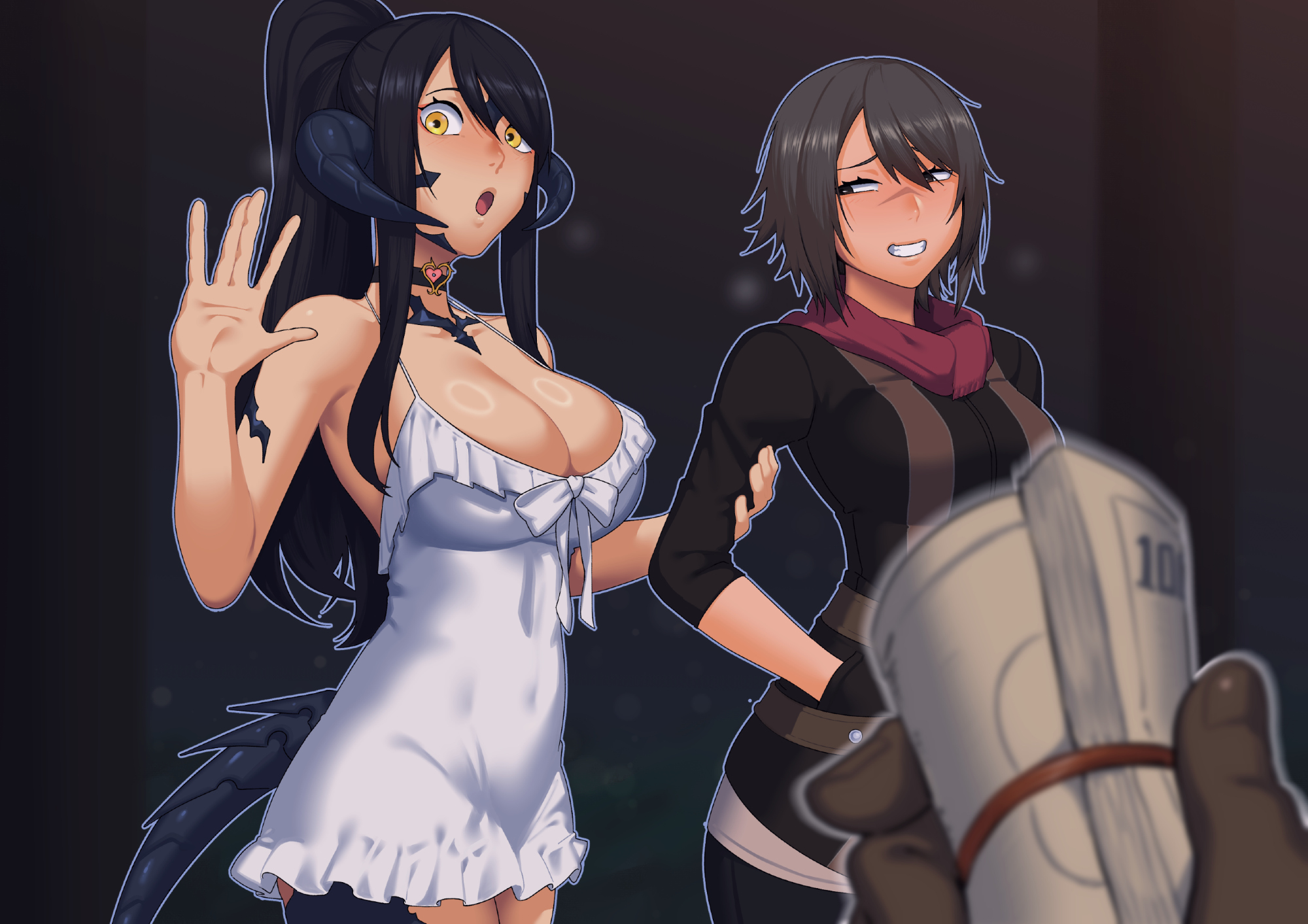 dyun, sapphira nyx, warrior of light (ff14), final fantasy, final fantasy xiv, original, commentary, commission, english commentary, highres, second-party source, 2girls, armpits, au ra, averting eyes, belt, black hair, breasts, brown eyes, brown gloves, cleavage, dragon horns, dress, embarrassed, fingerless gloves, from side, gloves, hair between eyes, hand in pocket, holding, holding another's arm, holding money, horns, large breasts, long hair, medium breasts, money, multiple girls, open mouth, ponytail, prostitution, scales, scar, scar on face, scar on nose, shiny skin, short hair, surprised, white dress, yellow eyes