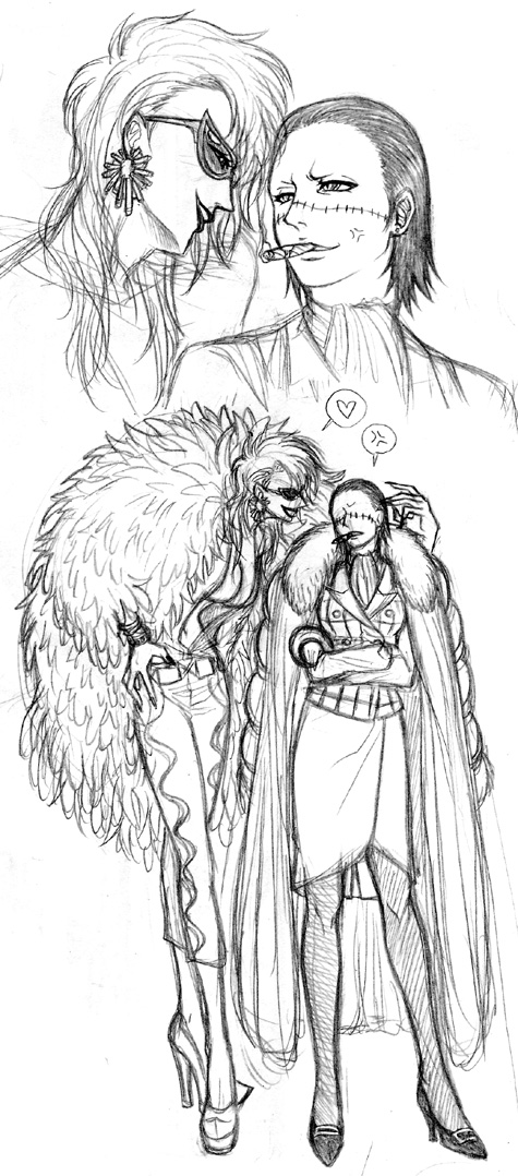 crocodile (one piece), donquixote doflamingo, one piece, long image, tall image, 2girls, angry, ascot, breasts, cigar, crossed arms, feathers, female focus, genderswap, genderswap (mtf), heart, monochrome, multiple girls, multiple views, skirt, smoking, standing, white background