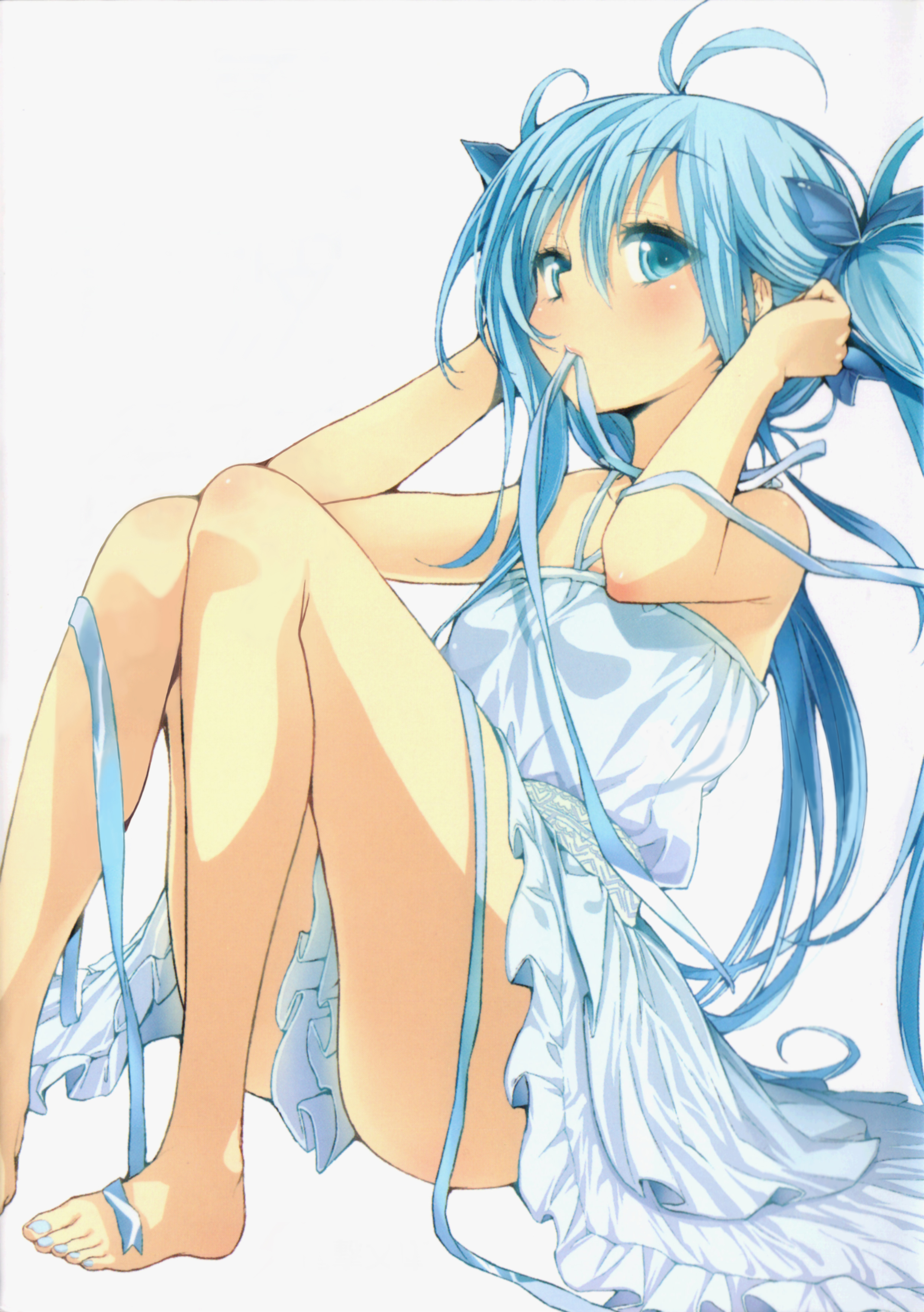 buriki, touwa erio, denpa onna to seishun otoko, absurdres, highres, 10s, 1girl, aqua eyes, aqua hair, bare shoulders, barefoot, blue eyes, blue hair, blue nails, blue theme, dress, feet, female focus, long hair, matching hair/eyes, mouth hold, nail polish, ribbon, simple background, sitting, solo, toenail polish, toenails, twintails, very long hair