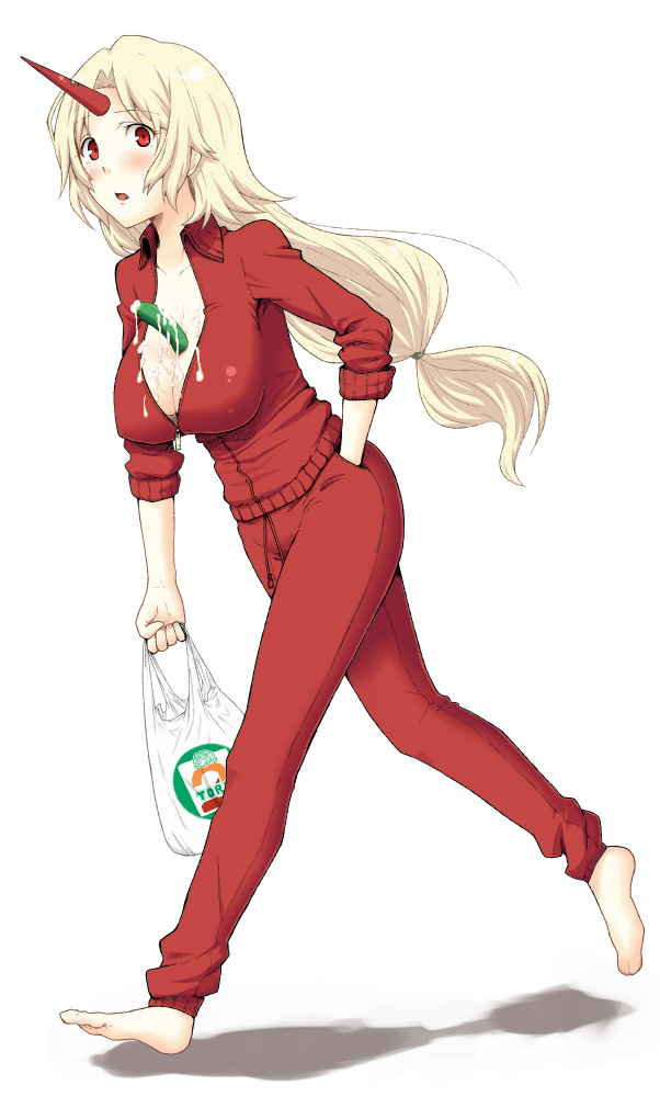 hiroya juuren, hoshiguma yuugi, touhou, 1girl, alternate costume, barefoot, between breasts, blonde hair, blush, breasts, cleavage, contemporary, cucumber, female focus, full body, horns, large breasts, oni, red eyes, sexually suggestive, simple background, single horn, sleeves pushed up, solo, sweater