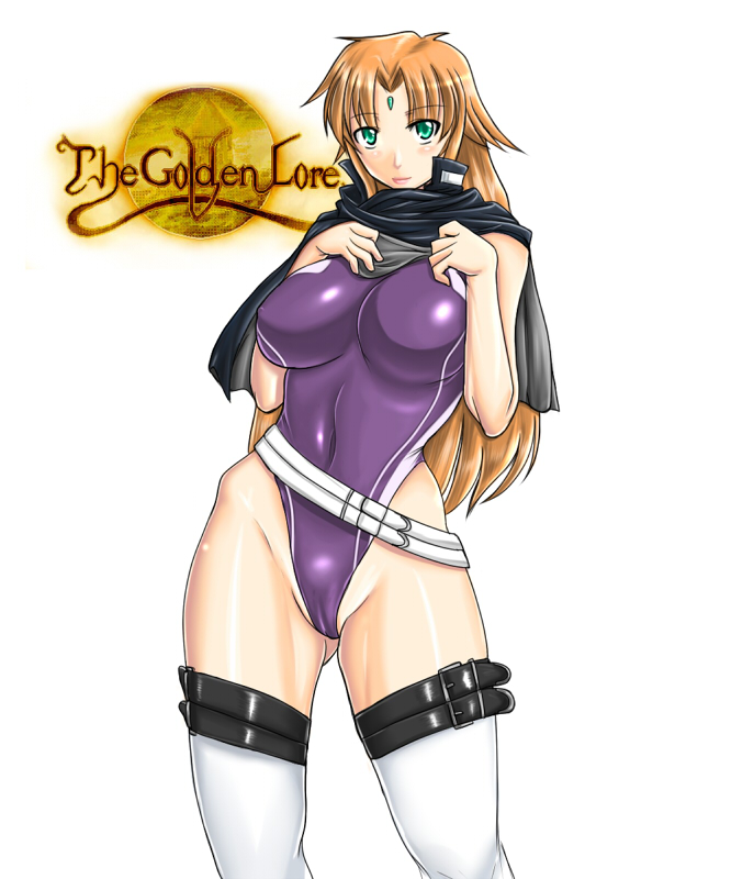 judge martin, brown hair, cameltoe, facial mark, green eyes, leotard, solo, thighhighs, white thighhighs