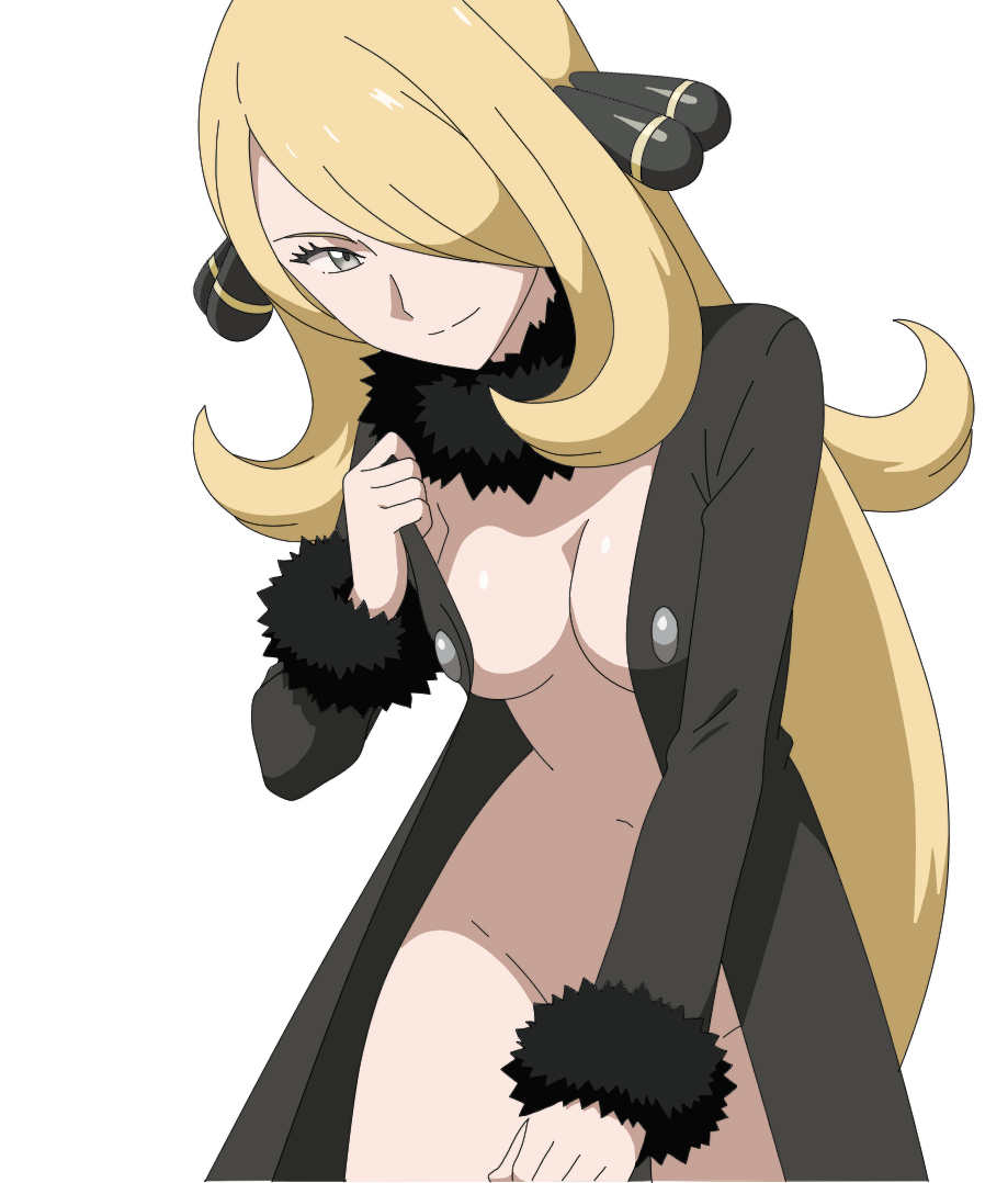 mnkr98, cynthia (pokemon), nintendo, pokemon, pokemon dppt, commentary, english commentary, 1girl, black coat, blonde hair, breasts, cleavage, closed mouth, coat, fur-trimmed coat, fur-trimmed sleeves, fur collar, fur trim, grey eyes, hair over one eye, long hair, looking at viewer, medium breasts, naked coat, no bra, simple background, solo, very long hair, white background