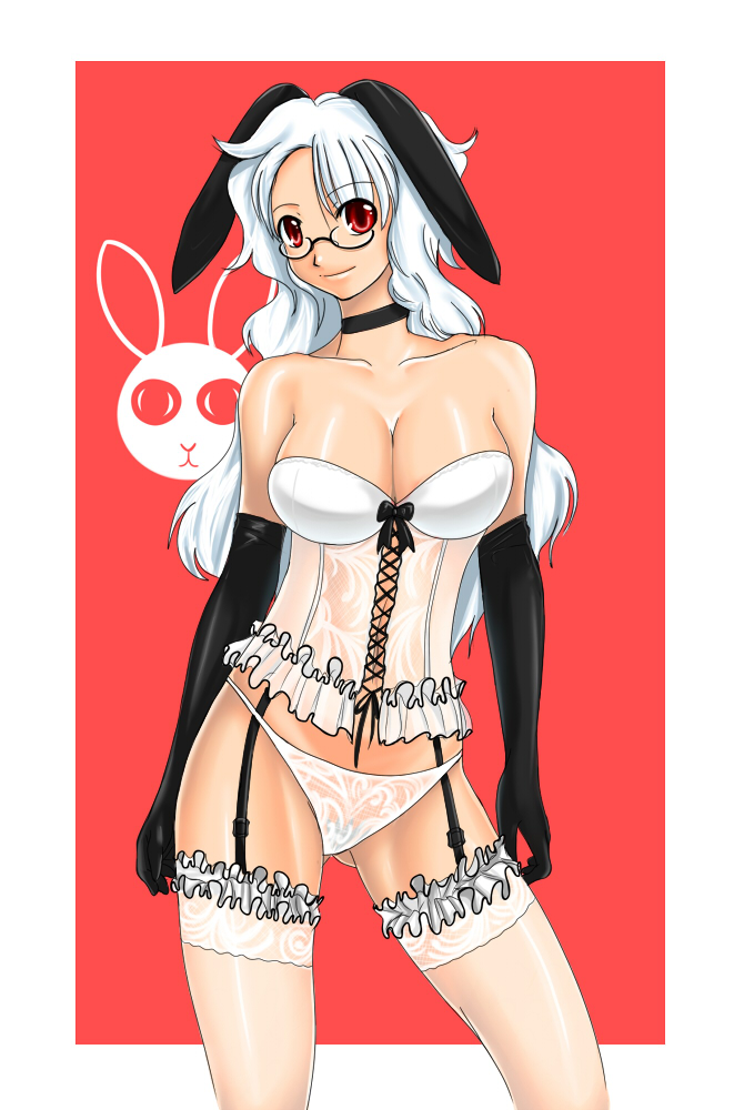 judge martin, lace-trimmed legwear, 1girl, animal ears, bare shoulders, black gloves, breasts, choker, cleavage, corset, dark-skinned female, dark skin, elbow gloves, fake animal ears, female focus, frills, garter belt, garter straps, glasses, gloves, lace, lace trim, large breasts, lingerie, long hair, panties, playboy bunny, rabbit, rabbit ears, red eyes, shiny skin, smile, solo, thighhighs, underwear, white hair, white panties, white thighhighs