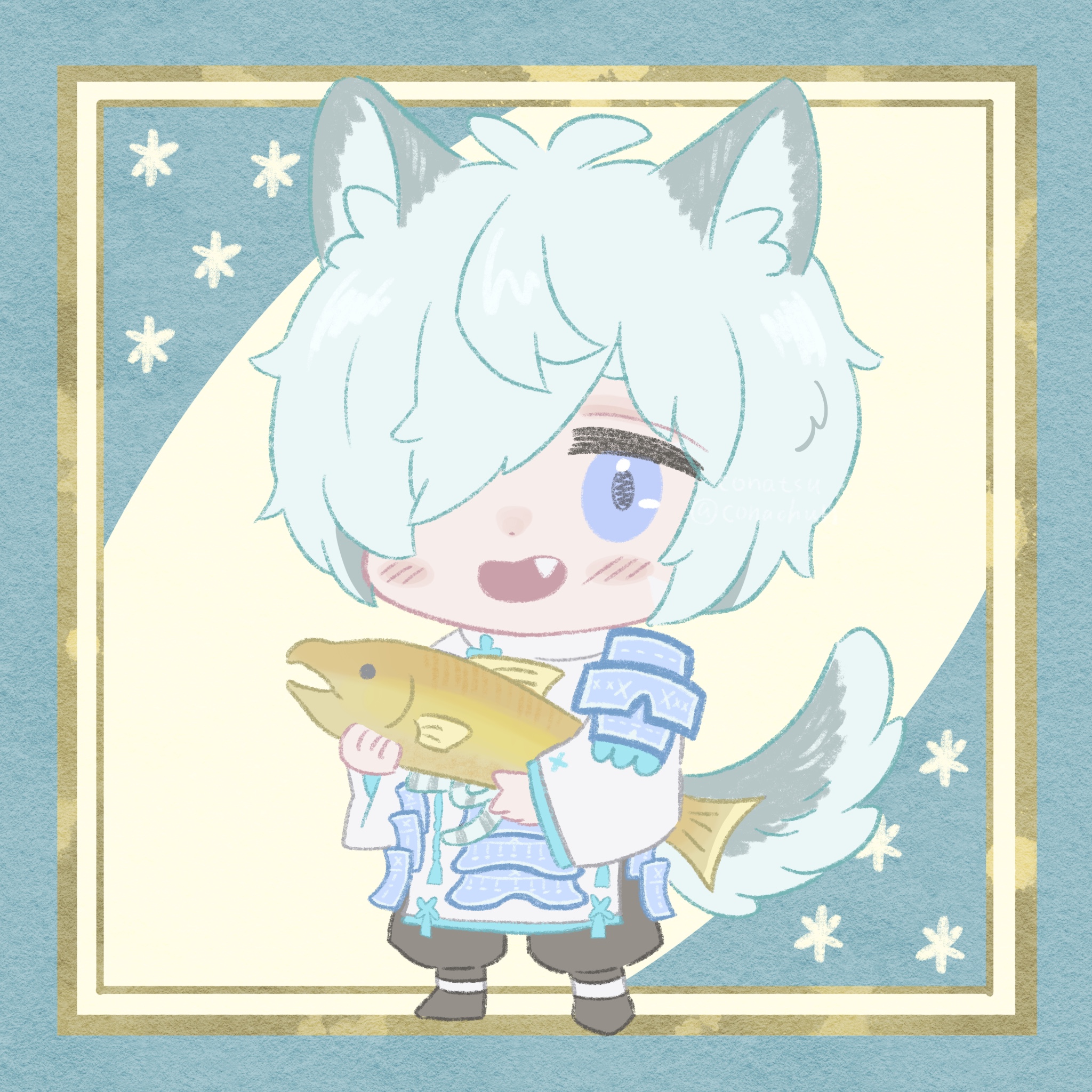 conachun, rune factory, rune factory: guardians of azuma, commentary request, highres, 1boy, animal, animal ears, blue eyes, chibi, chibi only, fish, fubuki (rune factory), hair over one eye, holding, holding animal, holding fish, male focus, open mouth, salmon, solo, tail, wolf boy, wolf ears, wolf tail