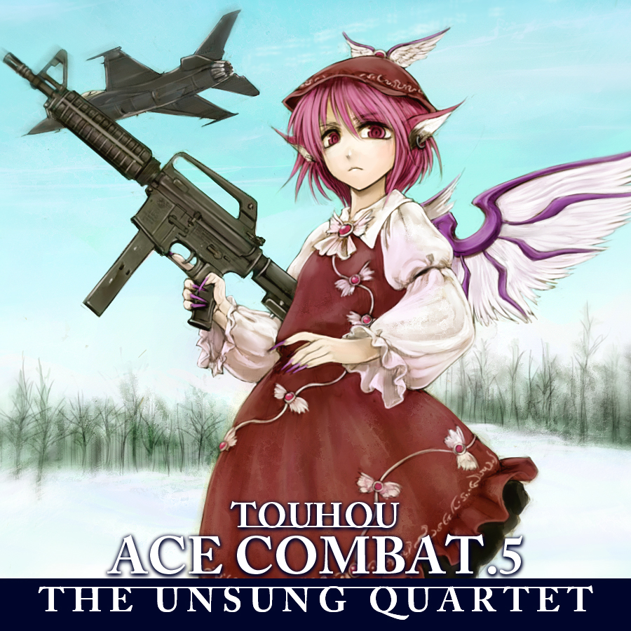 cervus, f-16, mystia lorelei, ace combat, ace combat 5, touhou, 1girl, aircraft, airplane, animal ears, female focus, fighter jet, gun, hat, military, military vehicle, parody, pink hair, red eyes, rifle, short hair, solo, submachine gun, trigger discipline, weapon, wings