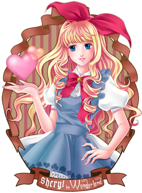 tamari (flawless), alice (alice in wonderland), sheryl nome, alice's adventures in wonderland, macross, macross frontier, bad id, bad pixiv id, 1girl, alice (alice in wonderland) (cosplay), blonde hair, blue hair, cosplay, female focus, heart, lips, long hair, ribbon, solo