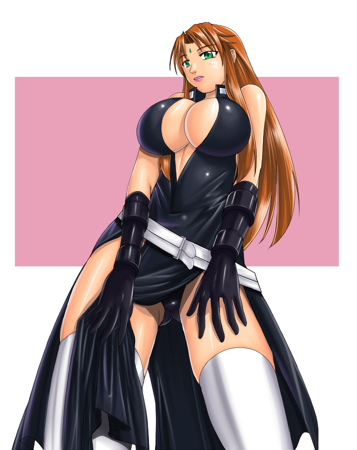 judge martin, 1girl, black panties, breasts, brown hair, cleavage, clothing aside, facial mark, female focus, from below, gloves, green eyes, large breasts, long hair, no bra, panties, pantyshot, pelvic curtain, pelvic curtain aside, solo, thighhighs, underwear, upskirt, white thighhighs