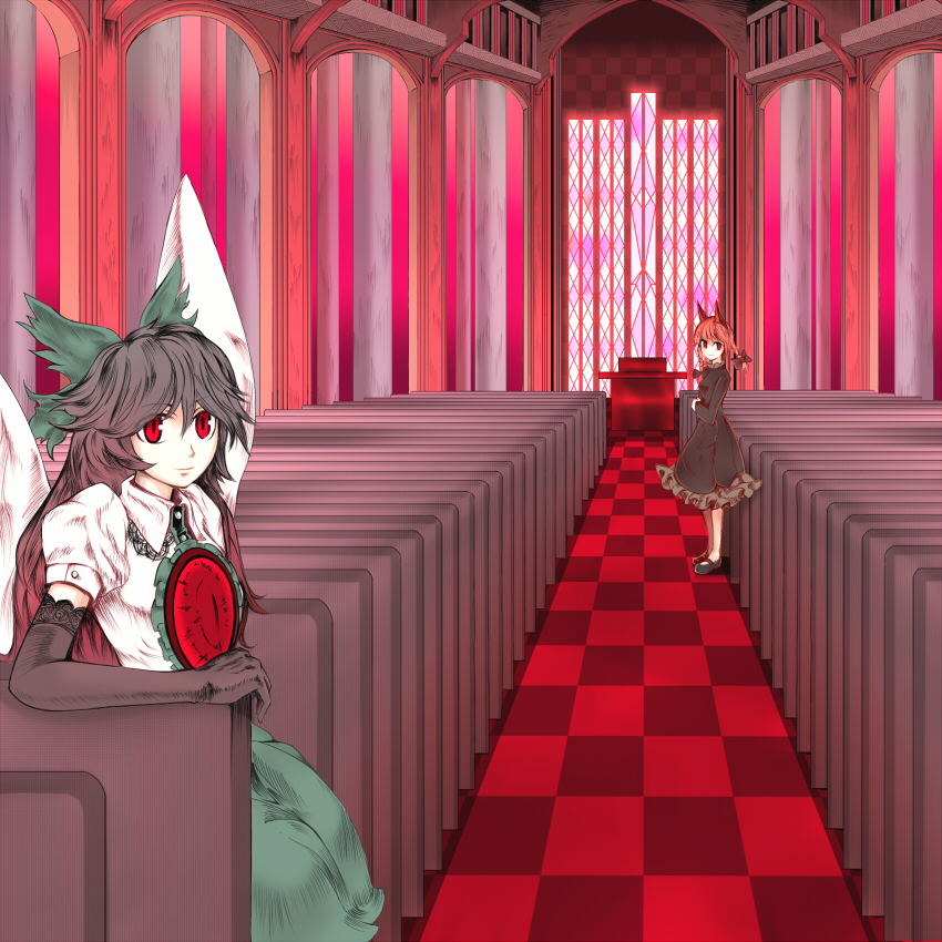 crystaline lens, crystaline lens (artist), kaenbyou rin, reiuji utsuho, touhou, 2girls, animal ears, black hair, bow, braid, cat ears, cat girl, elbow gloves, female focus, gloves, hair bow, hair ribbon, long hair, multiple girls, red eyes, red hair, ribbon, short hair, twin braids, twintails, wings