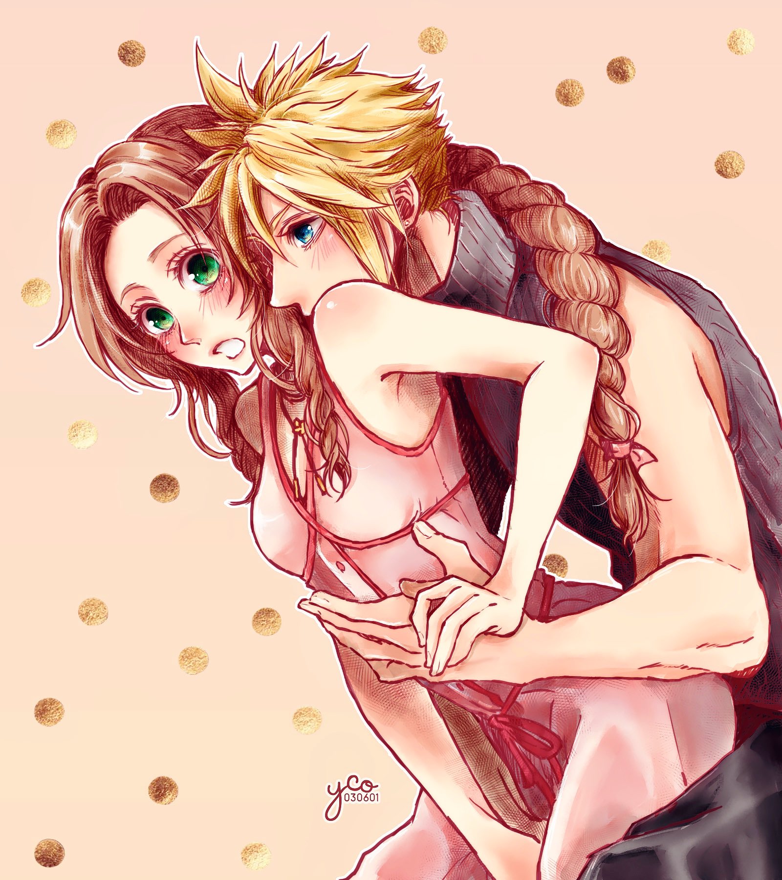 yco 030601, aerith gainsborough, cloud strife, final fantasy, final fantasy vii, final fantasy vii remake, commentary request, highres, 1boy, 1girl, artist name, bare arms, bare shoulders, black pants, black shirt, blonde hair, blue eyes, breasts, brown hair, choker, couple, dress, face in neck, flower choker, green eyes, hair between eyes, hair over shoulder, hetero, holding hands, hug, hug from behind, medium breasts, pants, parted bangs, parted lips, pink dress, shirt, short hair, sidelocks, sitting, sitting on lap, sitting on person, sleeveless, sleeveless dress, sleeveless turtleneck, spiked hair, turtleneck, twitter username