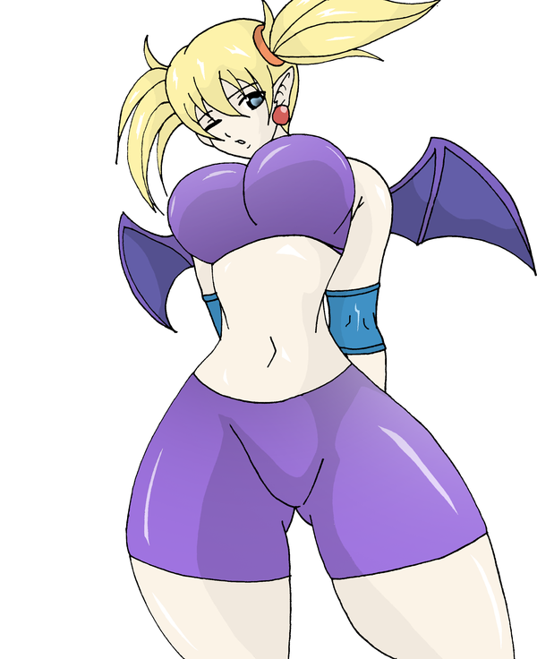 lilica felchenerow, aq interactive, arcana heart, atlus, examu, bat wings, bike shorts, blonde hair, blue eyes, breasts, demon girl, large breasts, pointy ears, spandex, twintails, wings