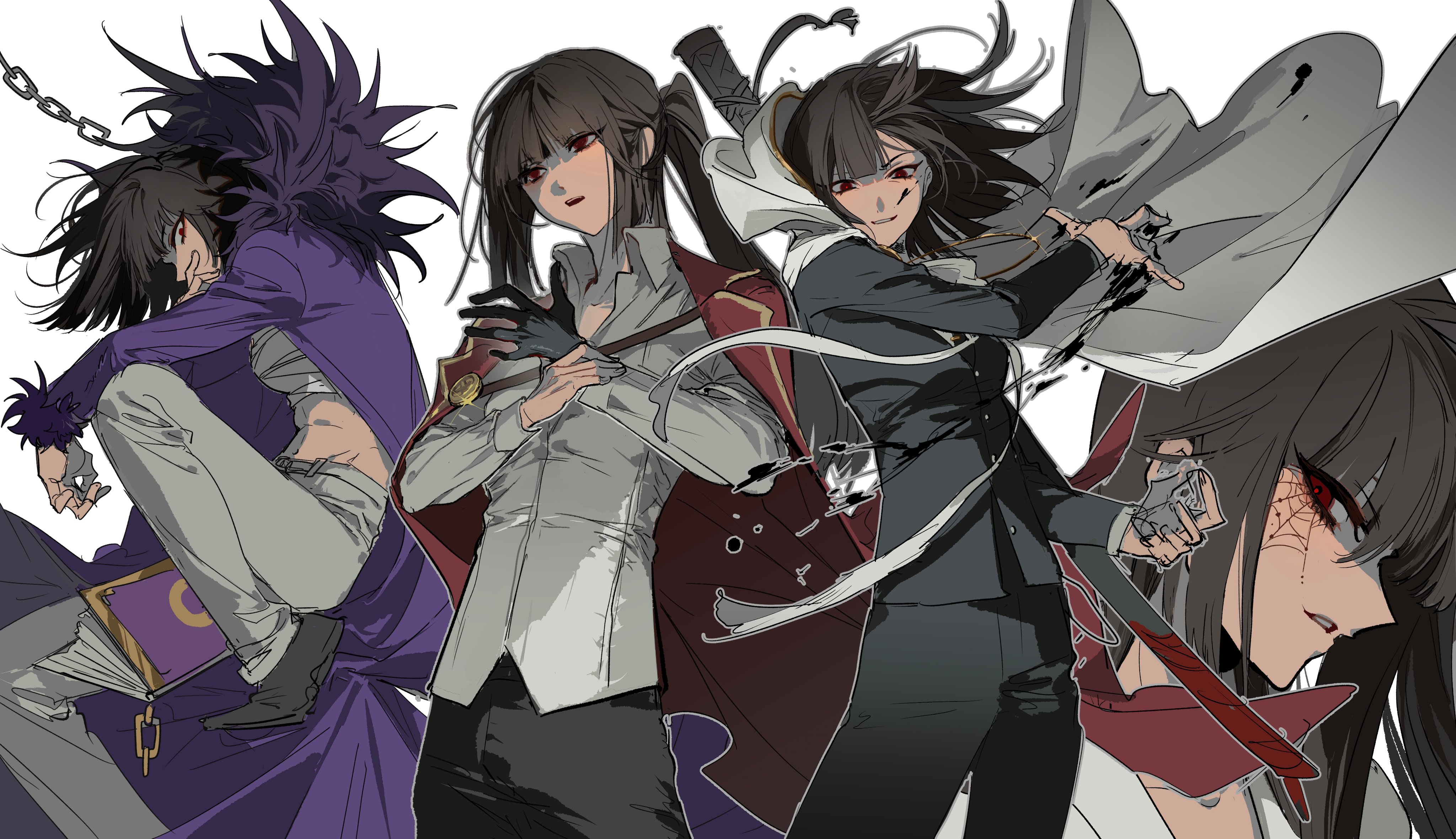 g7cdpdto2i6hot6, ryoshu (project moon), limbus company, project moon, absurdres, hashtag-only commentary, highres, 4girls, black gloves, black hair, black pants, black shoes, black suit, cape, chain, chest sarashi, coat, formal clothes, fur collar, gloves, index (identity) (project moon), ink, long hair, middle (identity) (project moon), multiple girls, ootachi, pants, ponytail, purple coat, red cape, red eyes, ring (identity) (project moon), sarashi, shirt, shoes, silk, simple background, single glove, spider web, suit, thumb (identity) (project moon), white background, white pants, white shirt