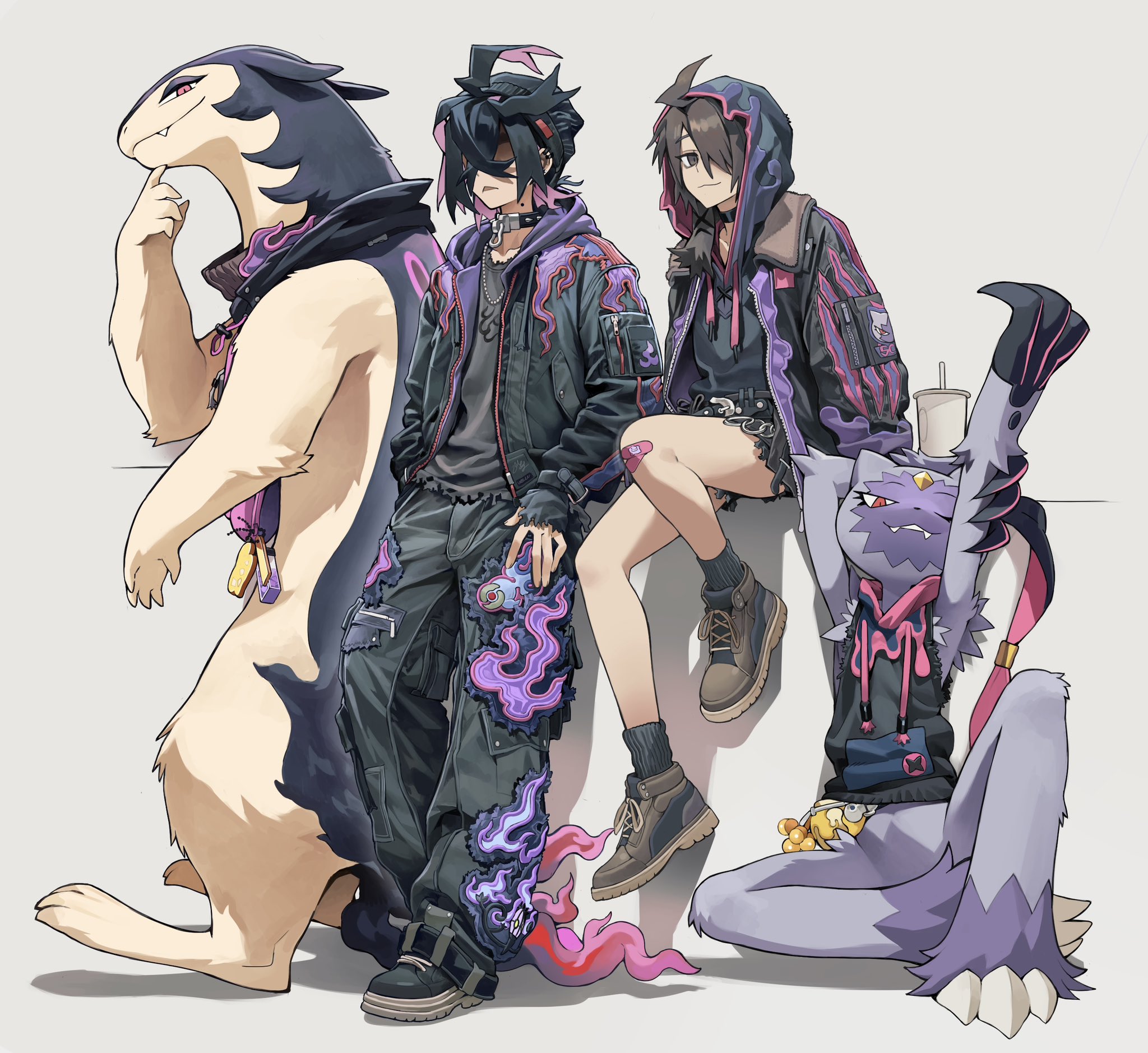 knifedragon, hisuian typhlosion, juliana (pokemon), kieran (pokemon), sneasler, nintendo, pokemon, pokemon sv, highres, mixed-language commentary, 1boy, 1girl, alternate costume, bandaid, bandaid on knee, bandaid on leg, beanie, black choker, black hair, black hat, black shirt, black shoes, black socks, boots, brown boots, brown eyes, brown hair, choker, claws, crossed bangs, cup, disposable cup, fang, fangs, grey background, hair between eyes, hair over one eye, hat, hood, hood up, jacket, jewelry, looking at viewer, mole, mole on neck, multicolored hair, necklace, one eye closed, open clothes, open jacket, pants, pokemon (creature), purple hair, red eyes, shaded face, shirt, shoes, simple background, sitting, sleeves past wrists, socks, torn clothes, torn shirt