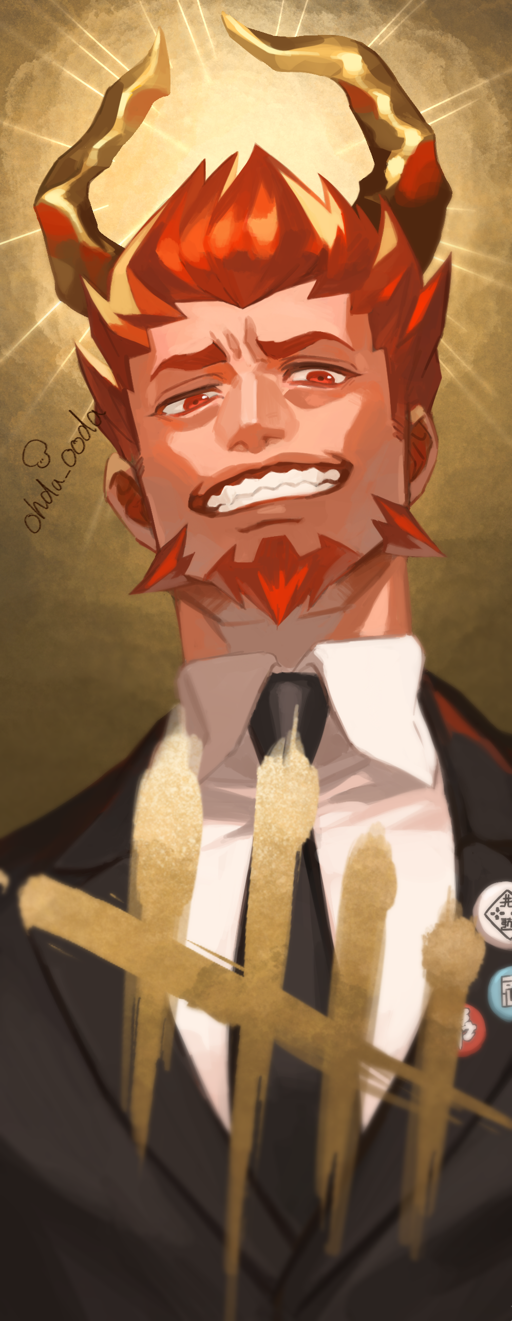 2bro., saida (ohda ooda), absurdres, commentary request, highres, 1boy, beard, black necktie, clenched teeth, collared shirt, facial hair, gums, horns, looking at viewer, male focus, mature male, necktie, orange eyes, orange hair, otoja (2bro.), shirt, short hair, signature, solo, tally, teeth, upper body, white shirt