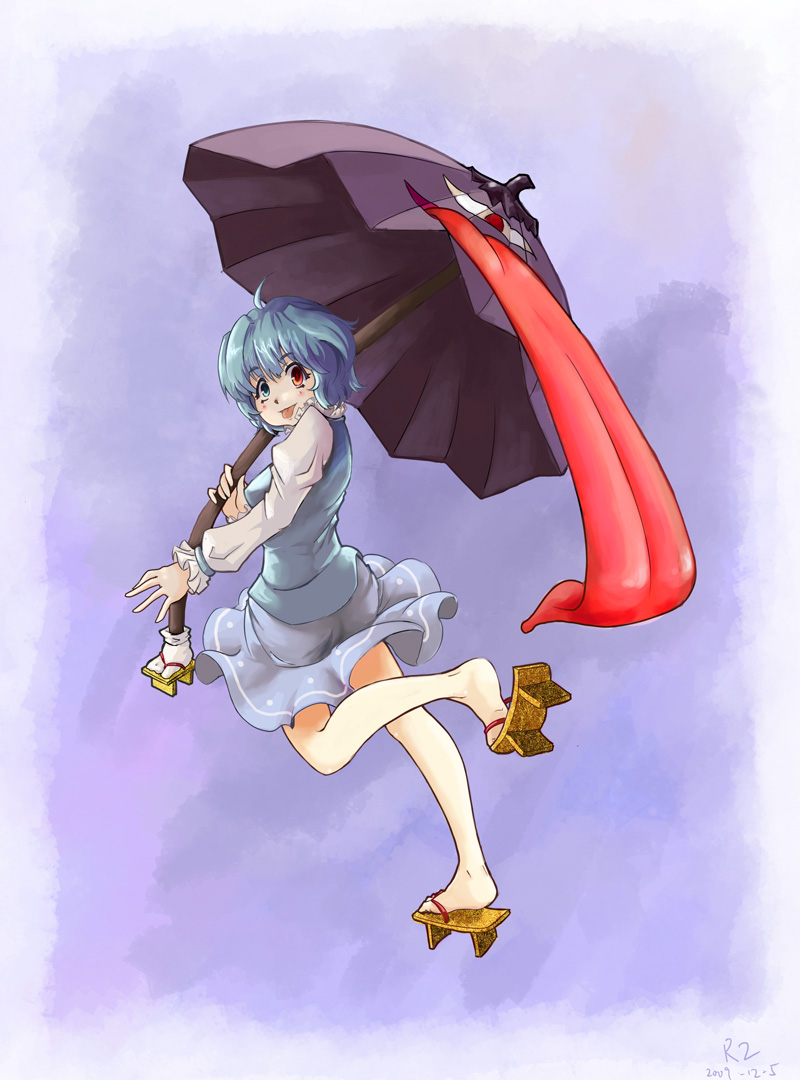 r2sais, tatara kogasa, touhou, bad id, bad pixiv id, 1girl, :p, blue eyes, blue hair, female focus, full body, geta, gradient background, heterochromia, karakasa obake, legs, matching hair/eyes, red eyes, sandals, short hair, solo, tongue, tongue out, umbrella