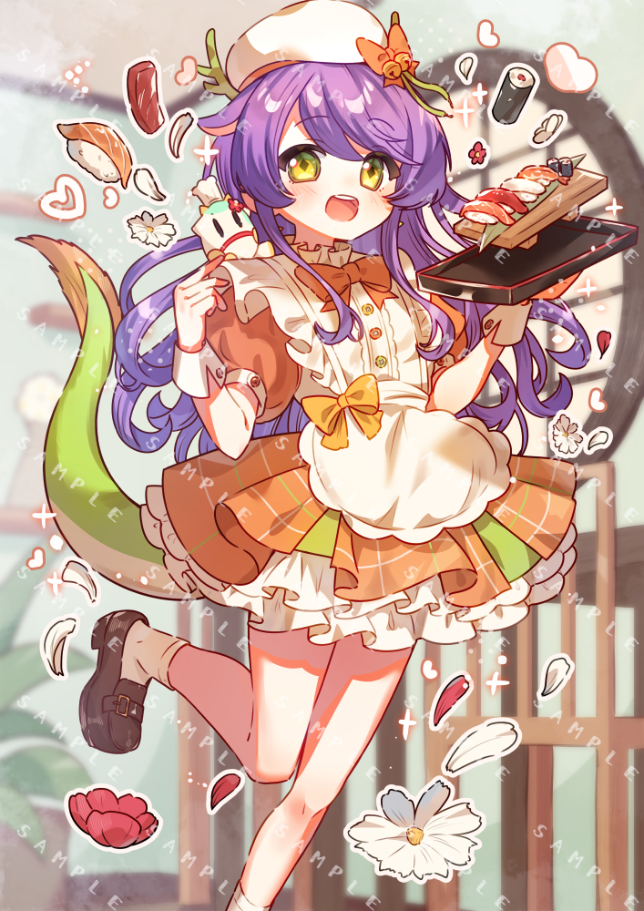 tsukumi bis, commentary request, commission, skeb commission, 1girl, :d, apron, blush, bow, bowtie, brown shoes, dragon girl, dragon horns, dragon tail, dress, flower, food, foot out of frame, frilled dress, frills, haruno hotaru, hat, hat bow, holding, holding tray, horns, leg up, long hair, looking at viewer, open mouth, orange bow, orange bowtie, orange dress, purple hair, red flower, sample watermark, shoes, short sleeves, smile, socks, solo, standing, standing on one leg, suipro, sushi, tail, tray, virtual youtuber, watermark, white apron, white flower, white hat, white socks, wrist cuffs, yellow eyes
