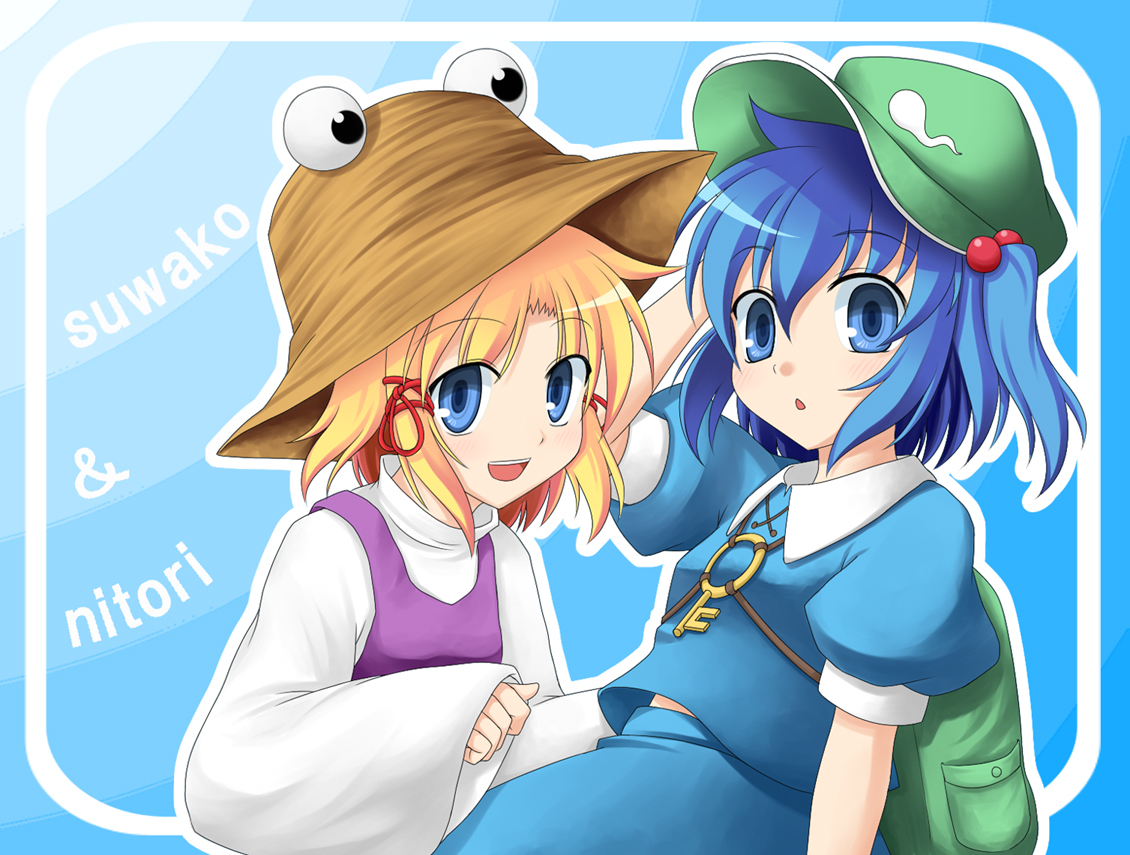 bluepony, kawashiro nitori, moriya suwako, touhou, 2girls, backpack, bag, blonde hair, blue eyes, blue hair, character name, female focus, hair bobbles, hair ornament, hat, key, multiple girls, randoseru, short hair, twintails, two side up