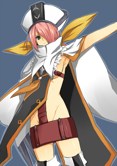 akeyume, nu-13, arc system works, blazblue, alternate costume, cross, frills, green eyes, hair over one eye, hair ribbon, hat, no panties, pink hair, ribbon, solo, thighhighs